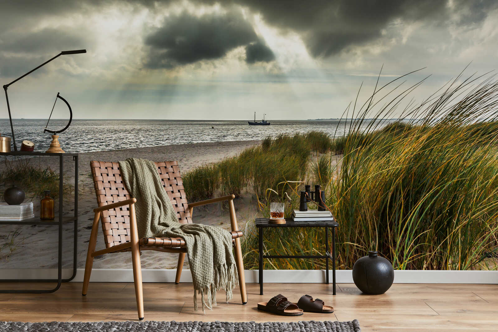 strandkorb, möbel, deckchair, vase, lampe
