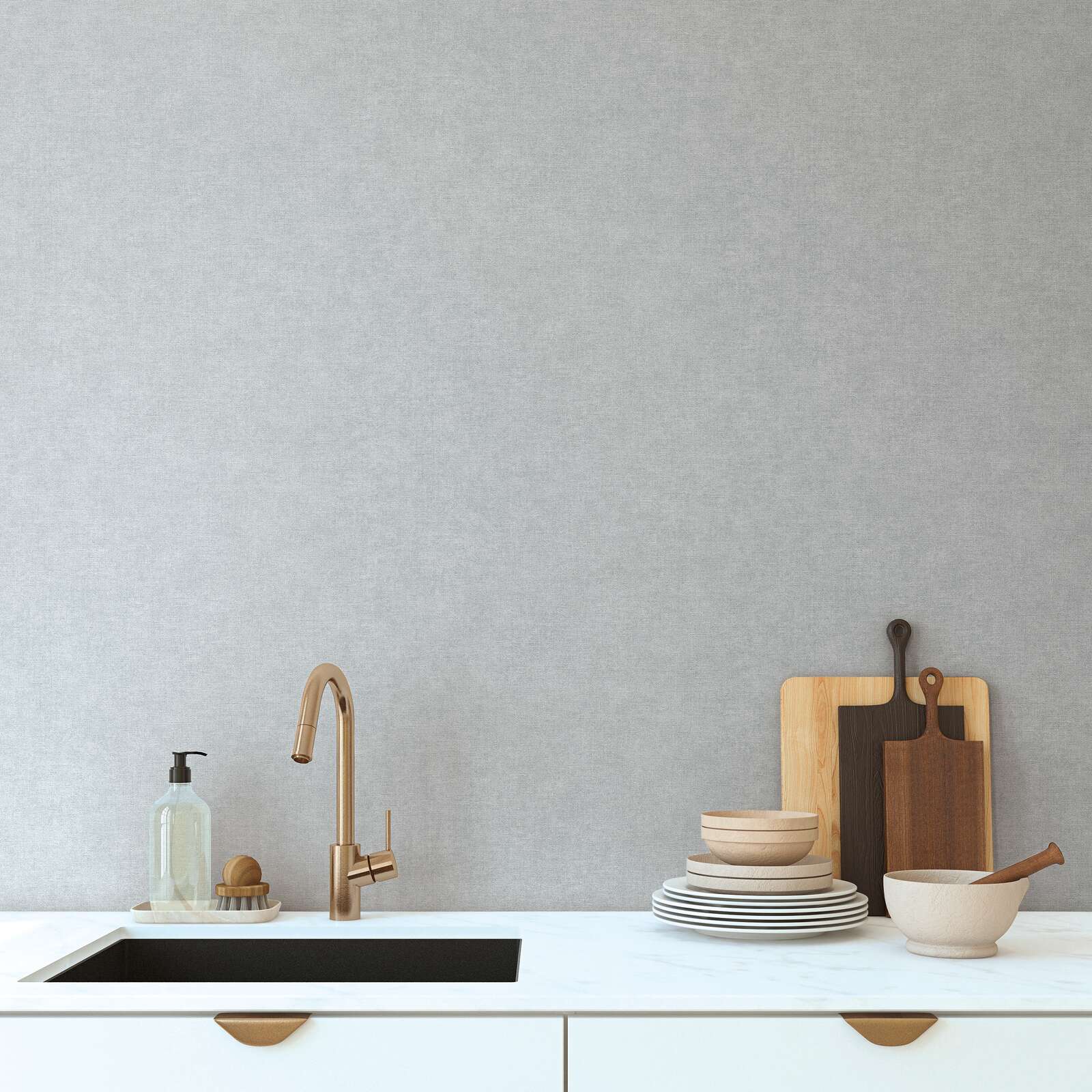 kitchen sink, tap, bottle, plate set, cutting boards