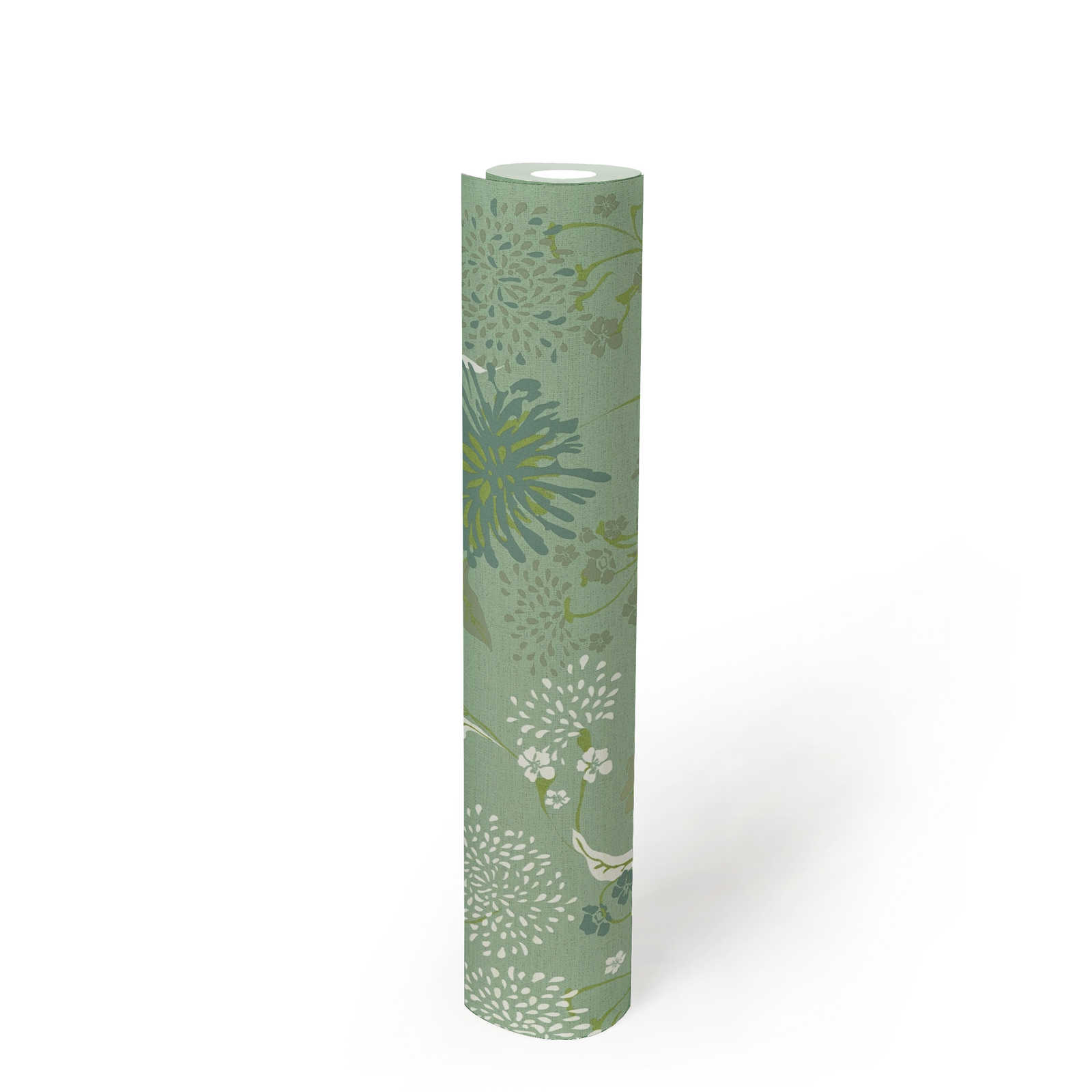 Non-woven wallpaper with floral dandelion pattern - green, white
