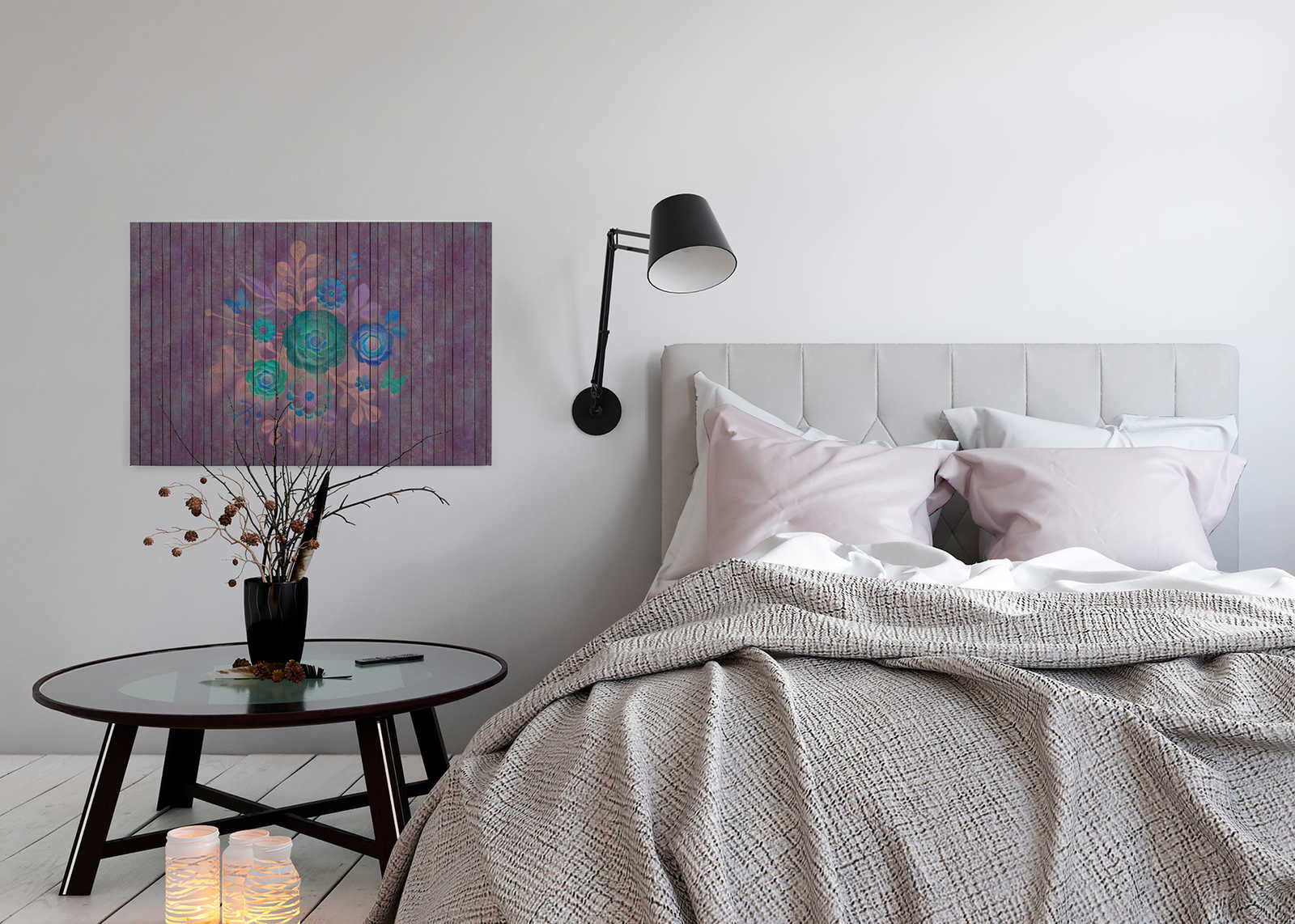             Spray Bouquet 1 - Leinwandbild mit Blumen auf Bretterwand - Holpaneele breit – 0,90 m x 0,60 m
        