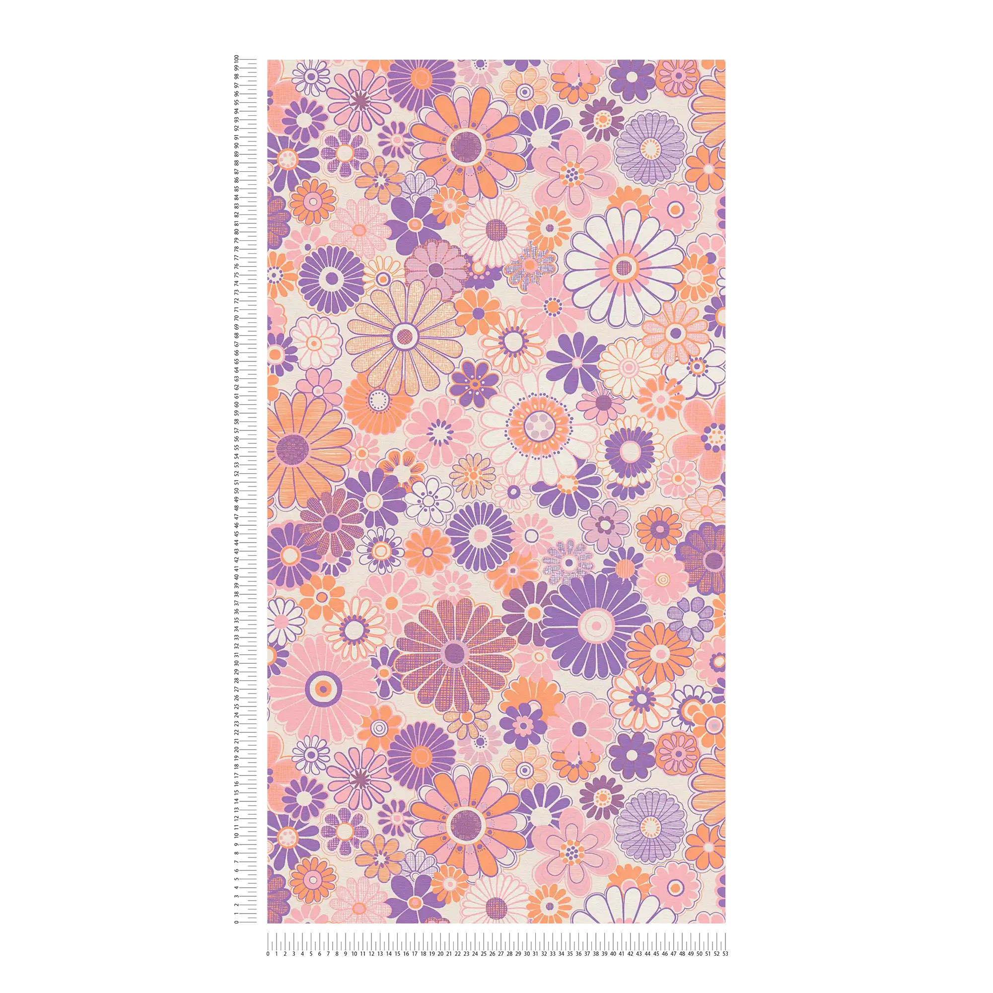             Leicht strukturierte Vliestapete mit floraler Bemusterung – Lila, Orange, Rosa
        
