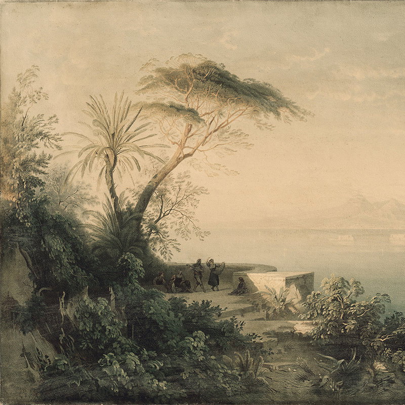 Landscape mural palm trees &amp; sea in art style - green, blue, grey