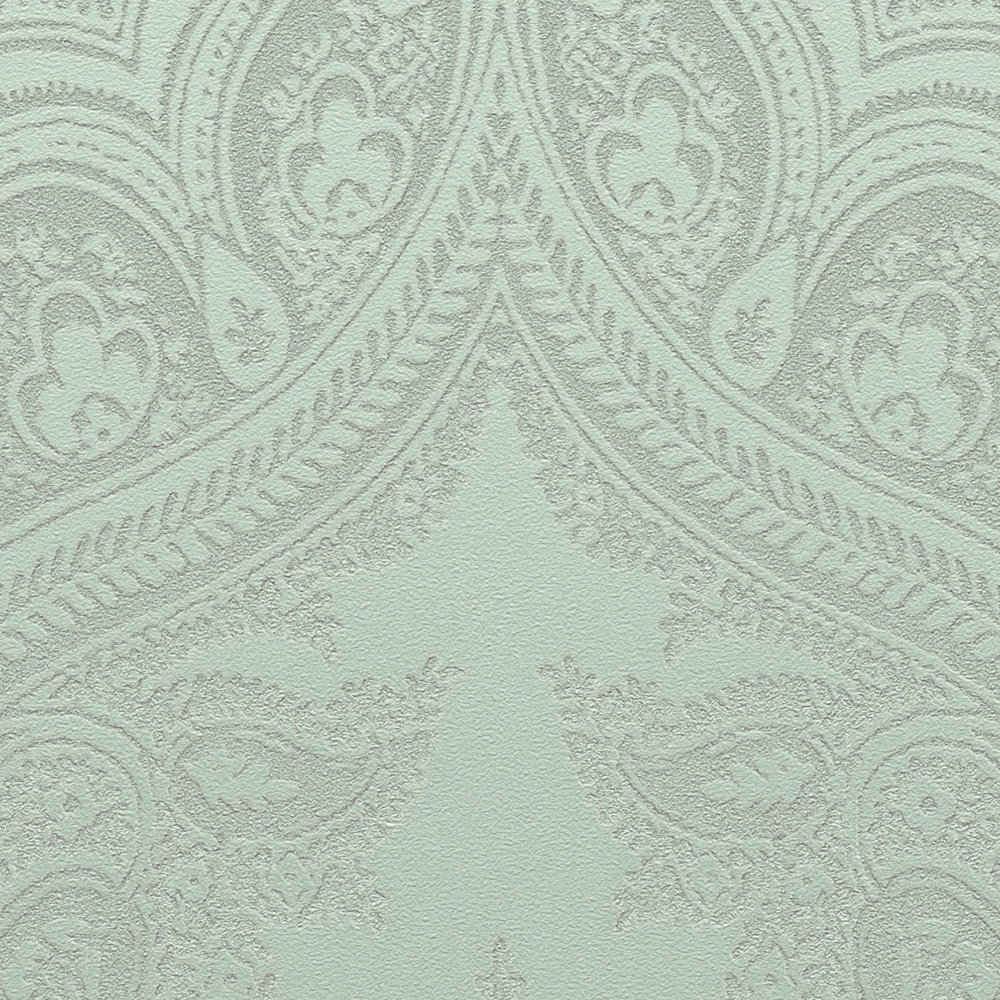             Boho Tapete Mintgrün & Silbergrau mit Ornamentmuster – Metallic, Grün
        