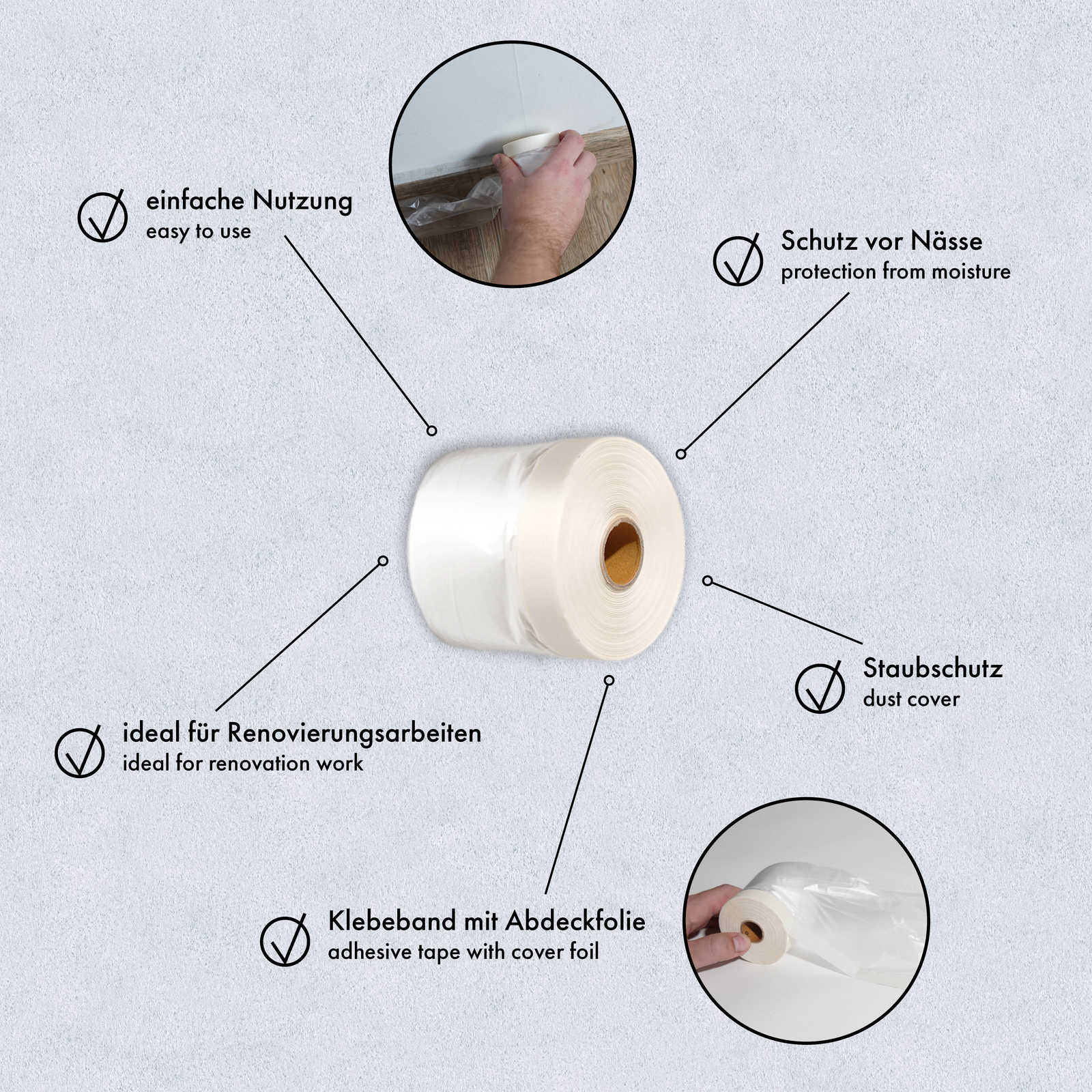Maskeerfolie met Plakband, 4 x 20M Maskeerfolie Plakband met Folie, Transparante Maskeerfolie met Textieltape ter Bescherming van Meubels en Vloeren, Zelfklevend Schilderstape
