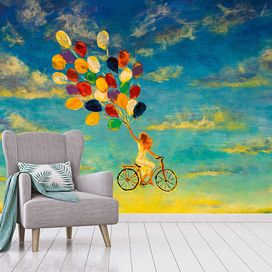         Papier peint panoramique avec femme sur vélo dans le ciel Peinture - bleu, jaune, multicolore
    
