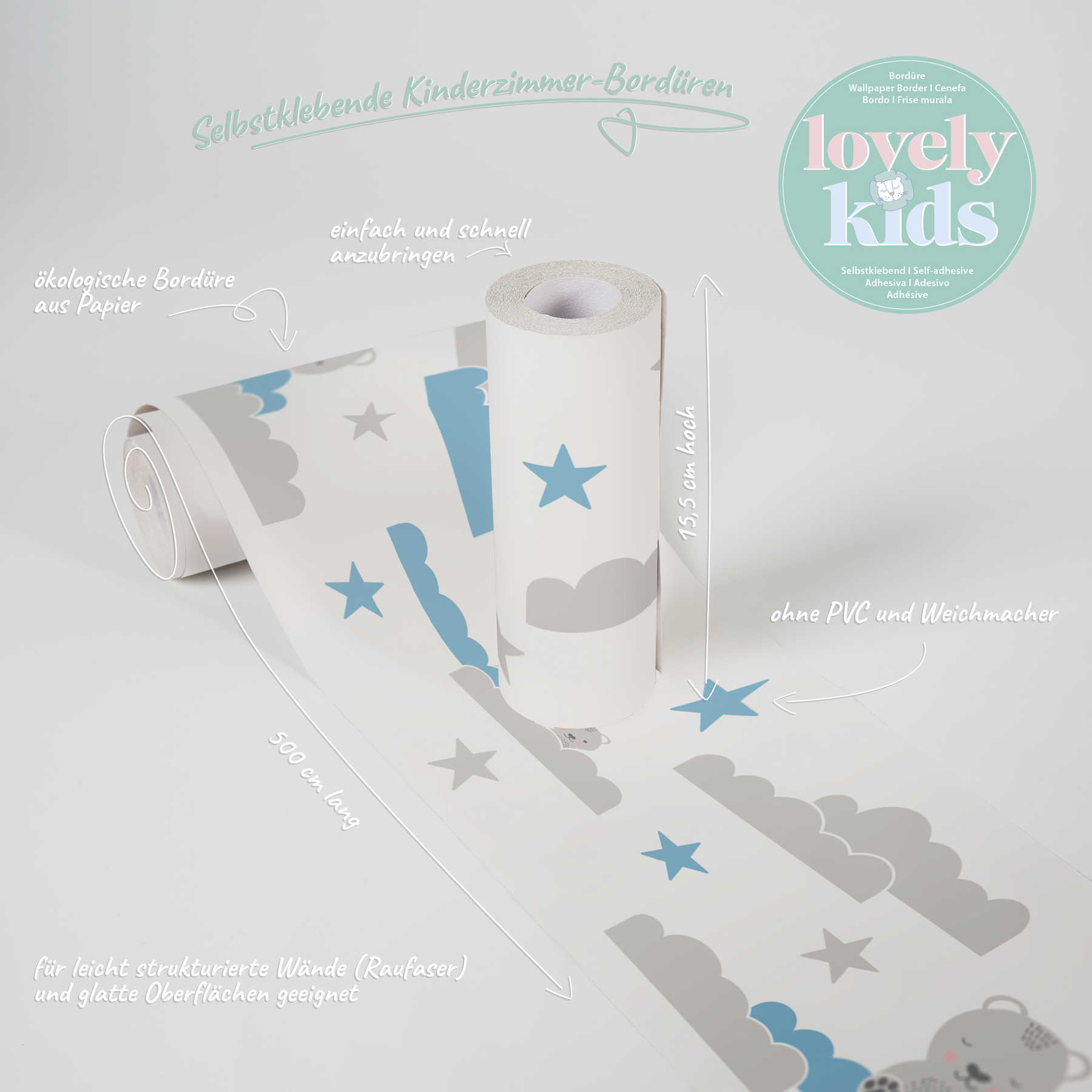             Zelfklevende Jongens Babykamer Border 'Bear Sky' - Grijs, Blauw, Wit
        