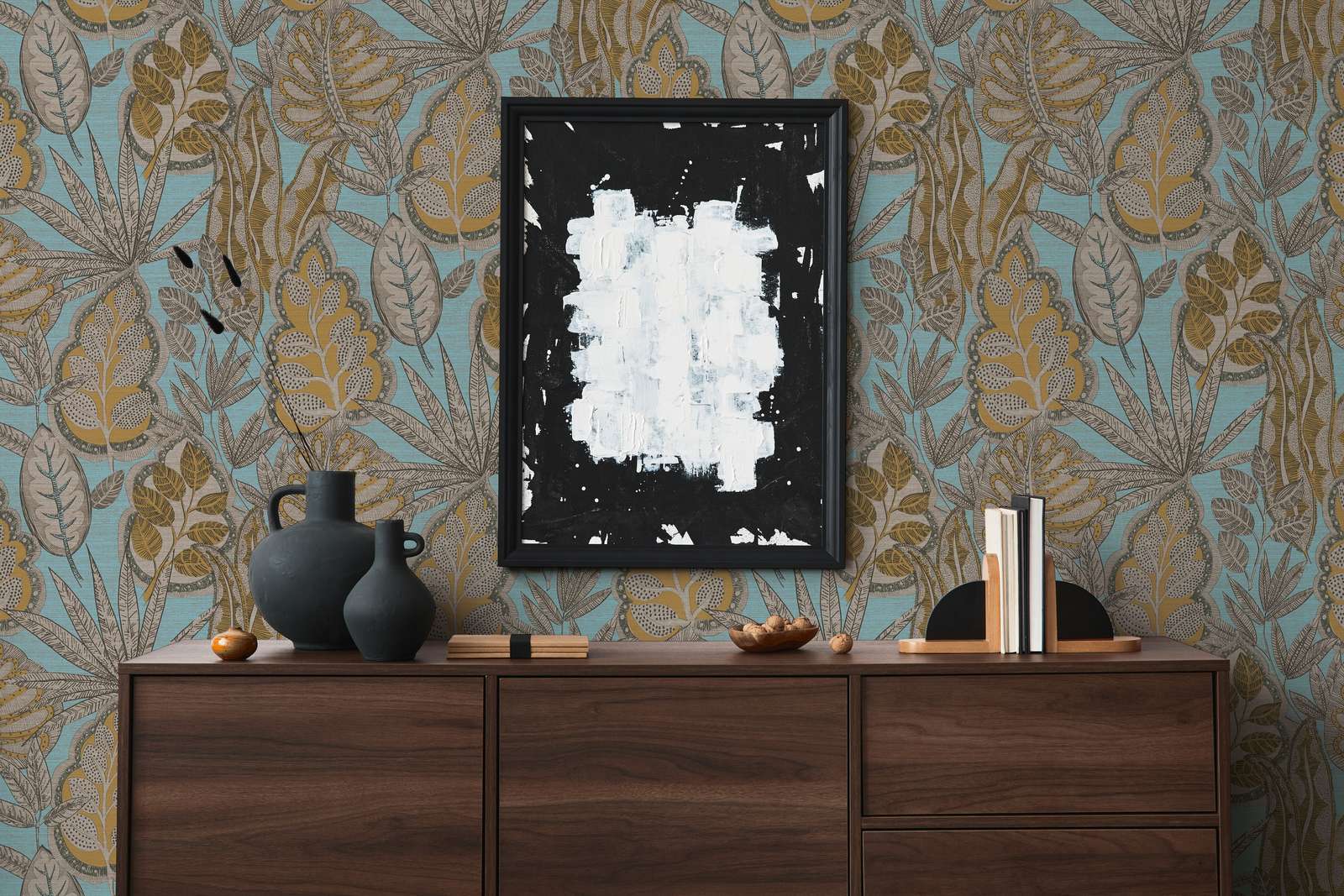             Florale Vliestapete im Grafik-Stil mit leichter Struktur, matt – Hellblau, Gelb, Braun
        