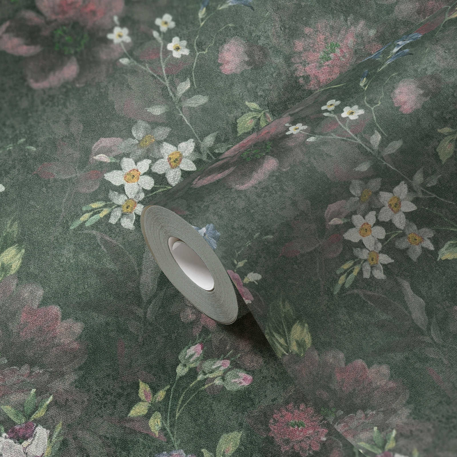             Vliesbehang met geschilderd bloemenpatroon PVC-vrij - groen, wit, roze
        