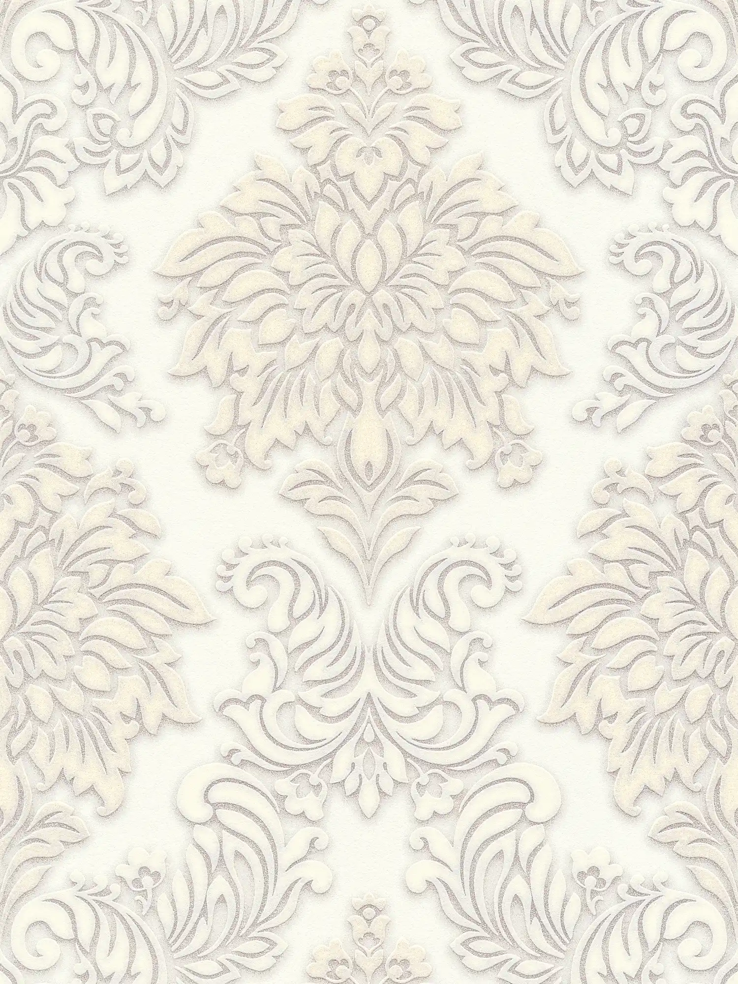             Barock Tapete Ornamente mit Glitzereffekt – Weiß, Silber, Beige
        