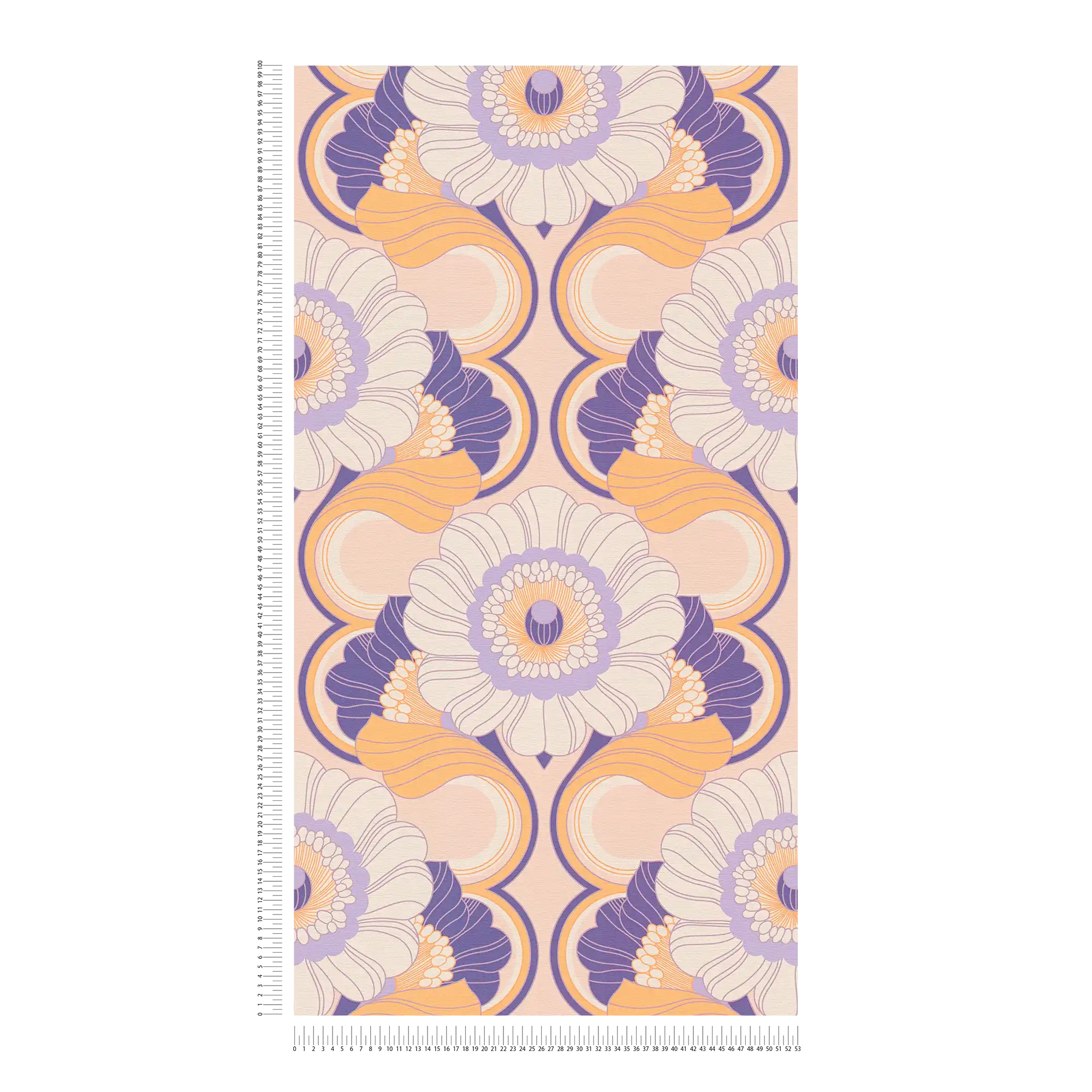             Retro Tapete mit Blumenmuster – Beige, Gelb, Lila
        