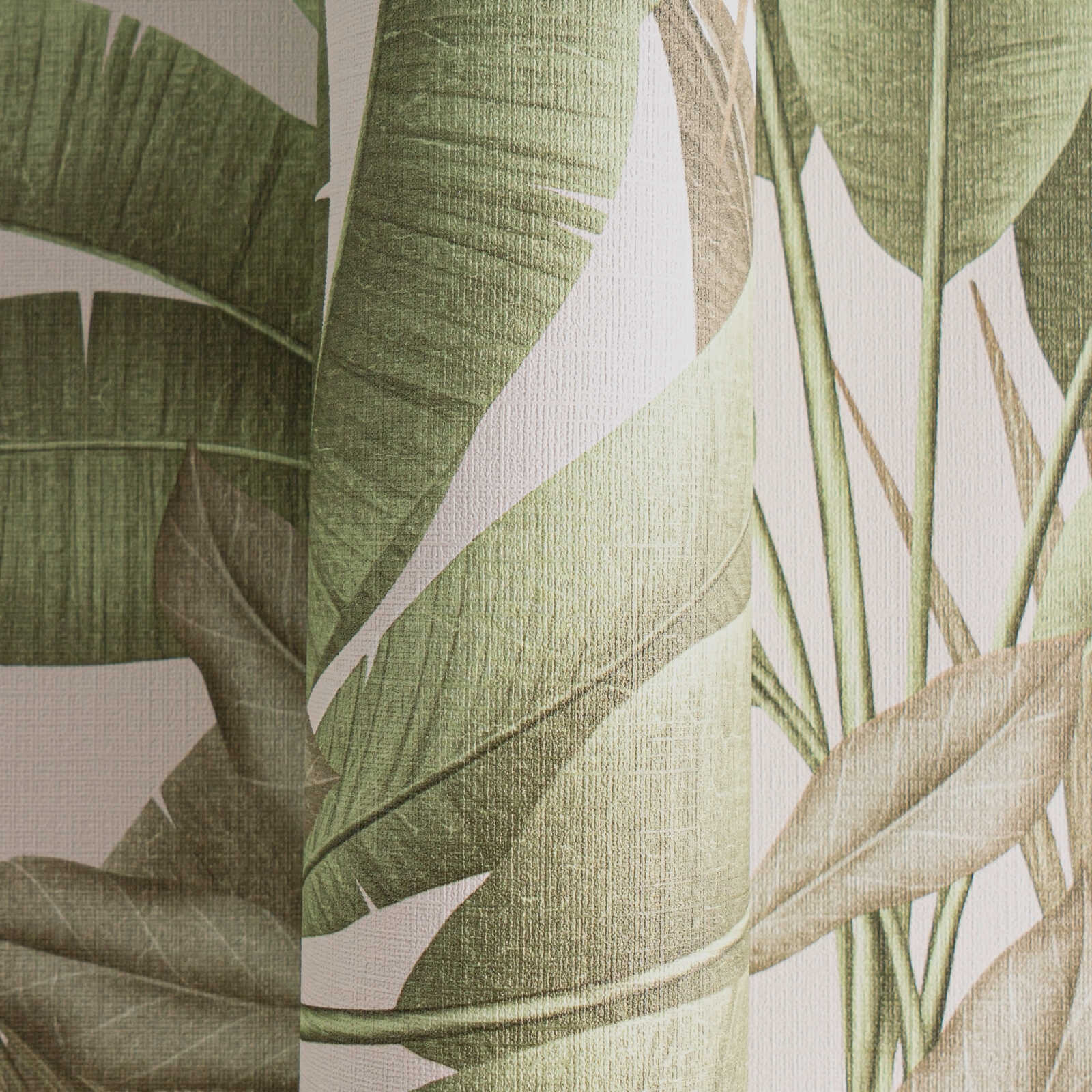             Florale Dschungeltapete leicht strukturiert mit großen Blättern – Grün, Weiß, Beige
        