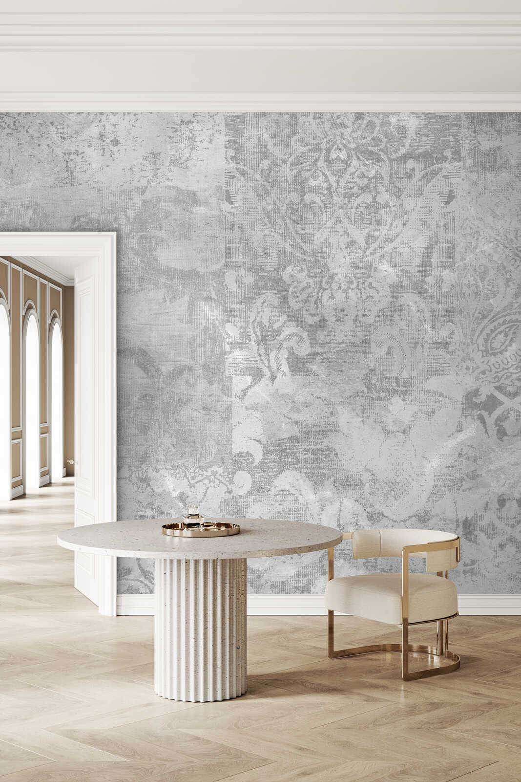 Esstisch, Tischplatte, Säulen-Tisch, Wandmuster, Beige Stuhl