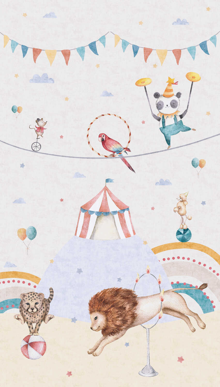             Zirkuszauber non-woven wallpaper panel 159cm wide x 280cm high - Cheerful animals and colourful accents for an imaginative children's room, smooth surface - Colourful
        
