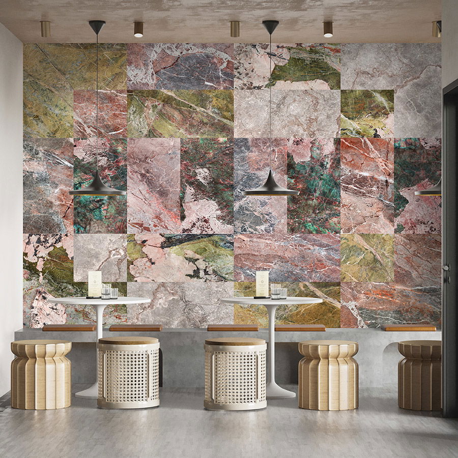         Photo wallpaper »mixed marble« - Marble patchwork design - Colourful | Smooth, slightly shiny premium non-woven fabric
    
