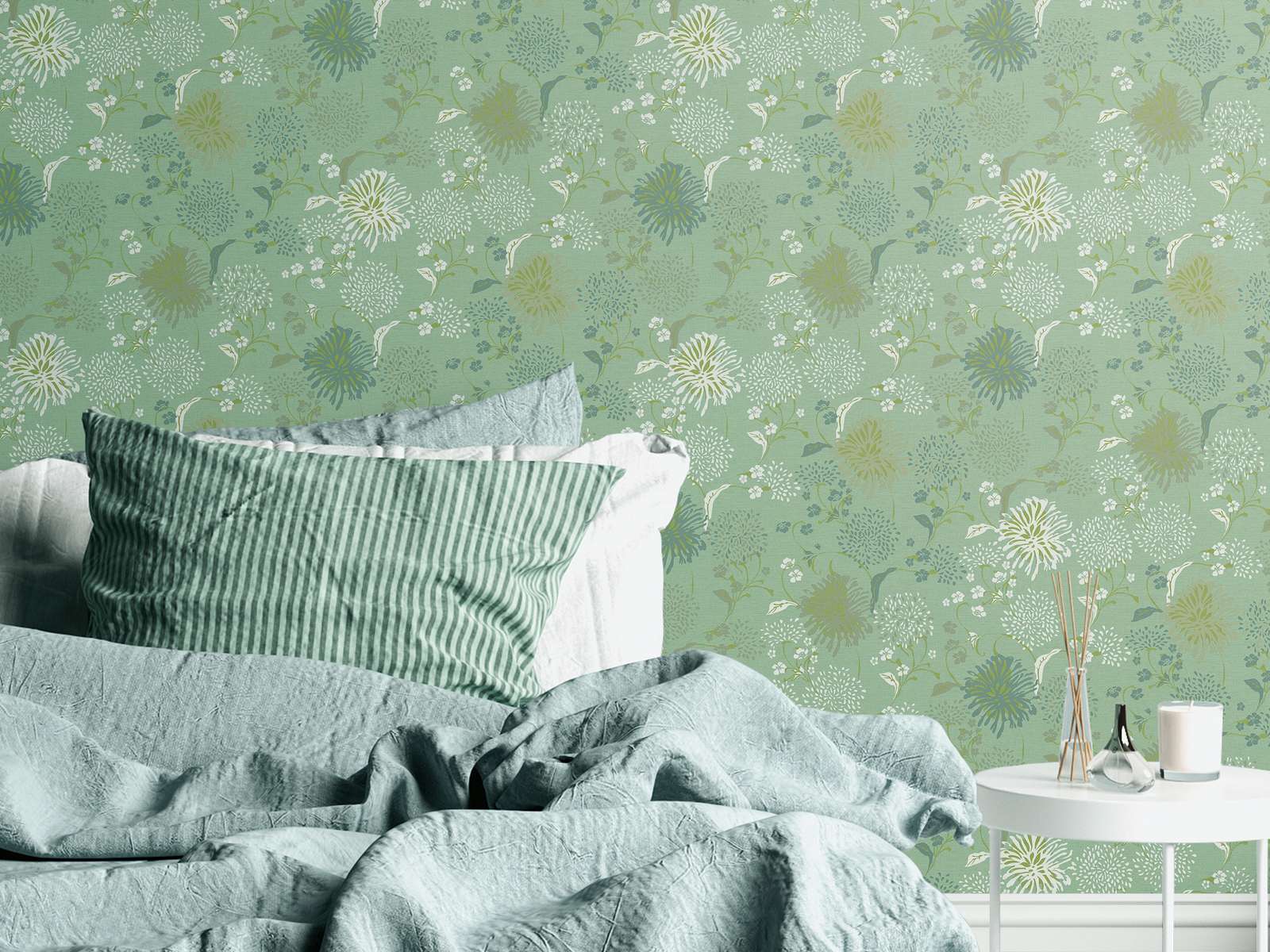 Non-woven wallpaper with floral dandelion pattern - green, white