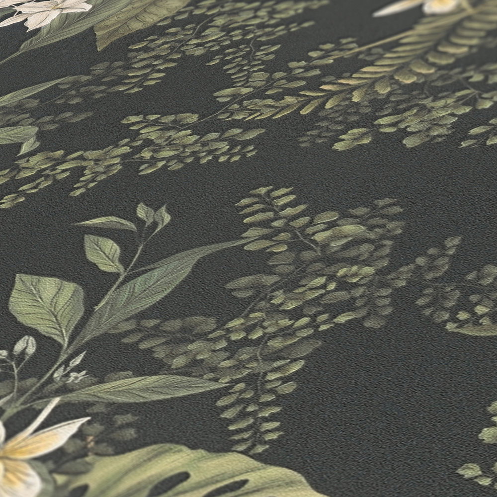 Moderne Tapete floral mit Blüten &amp; Gräsern strukturiert matt – Schwarz, Dunkelgrün, Weiß