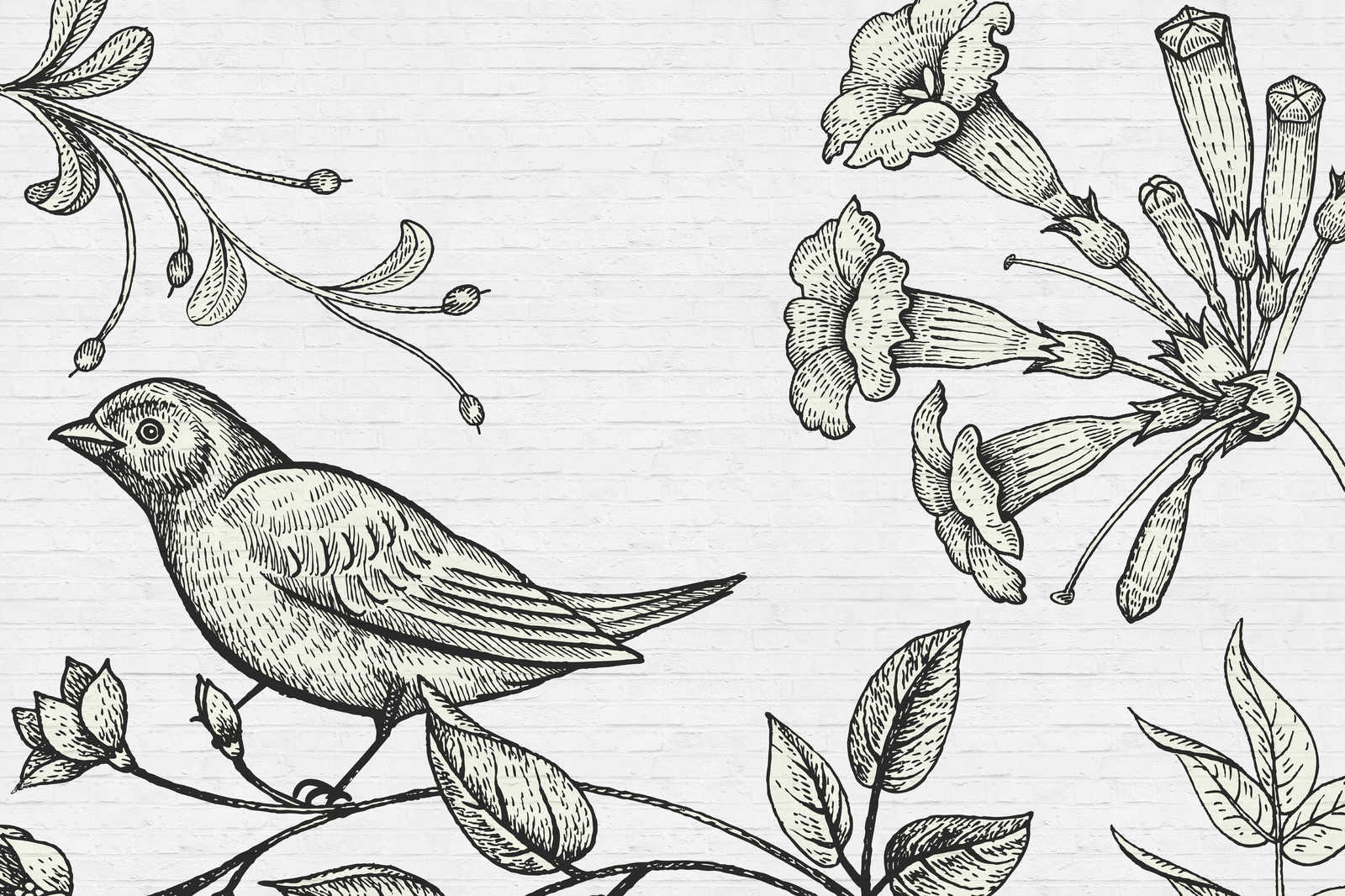             Steinwand Leinwandbild mit Vogel & Blumen Grafik – 0,90 m x 0,60 m
        