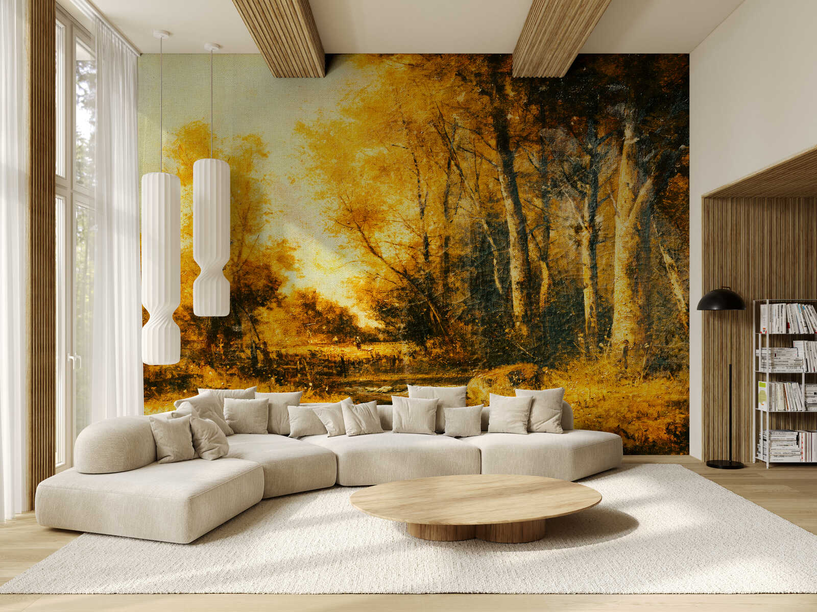 wandbild, waldszene, goldorange, raumeinrichtung, wohnzimmer