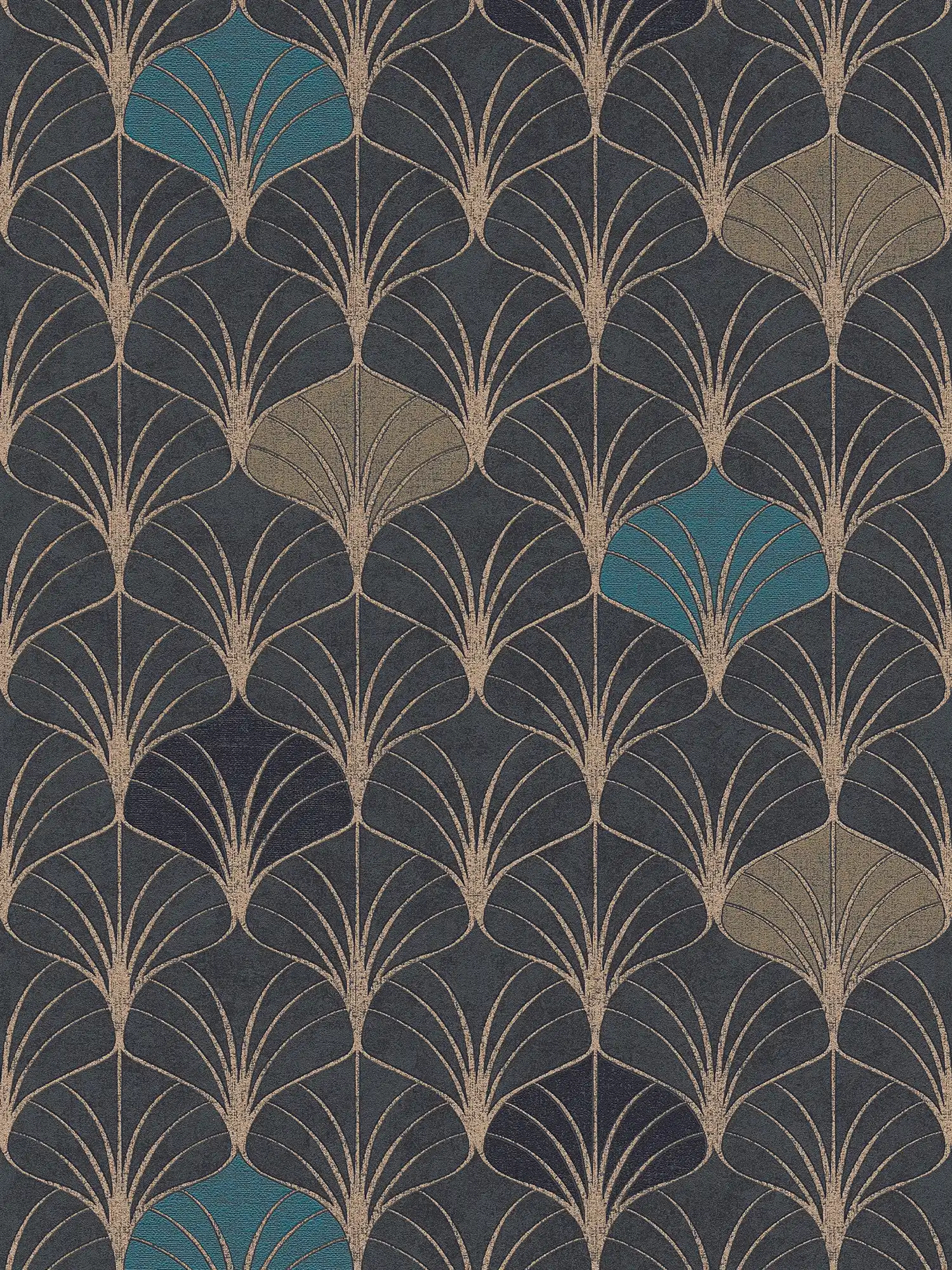         Patroonbehang art deco stijl met metallic effect - goud, zwart, blauw
    