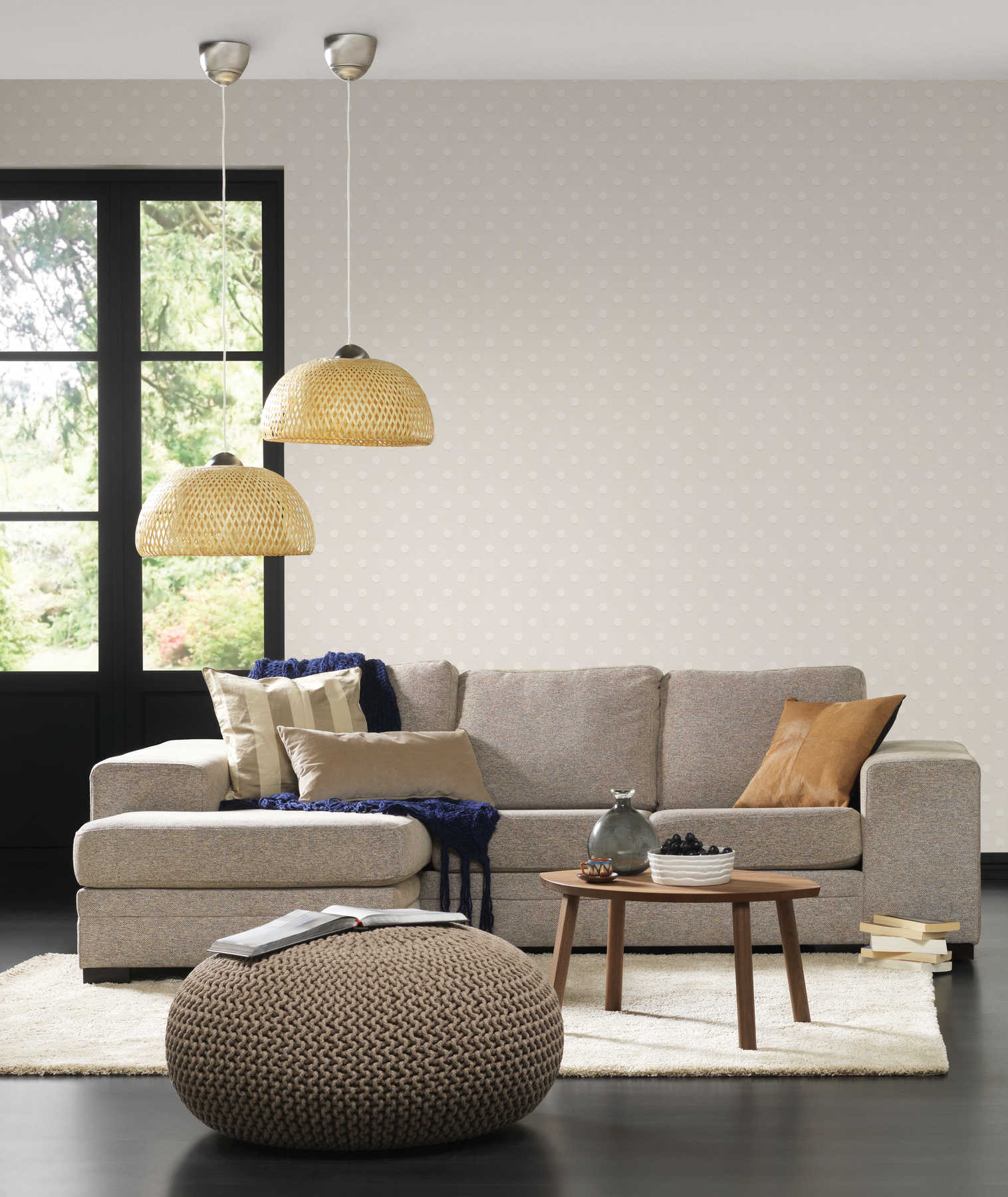 sofa, wohnzimmer, graues sofa, Leinenstruktur, hängende lampen