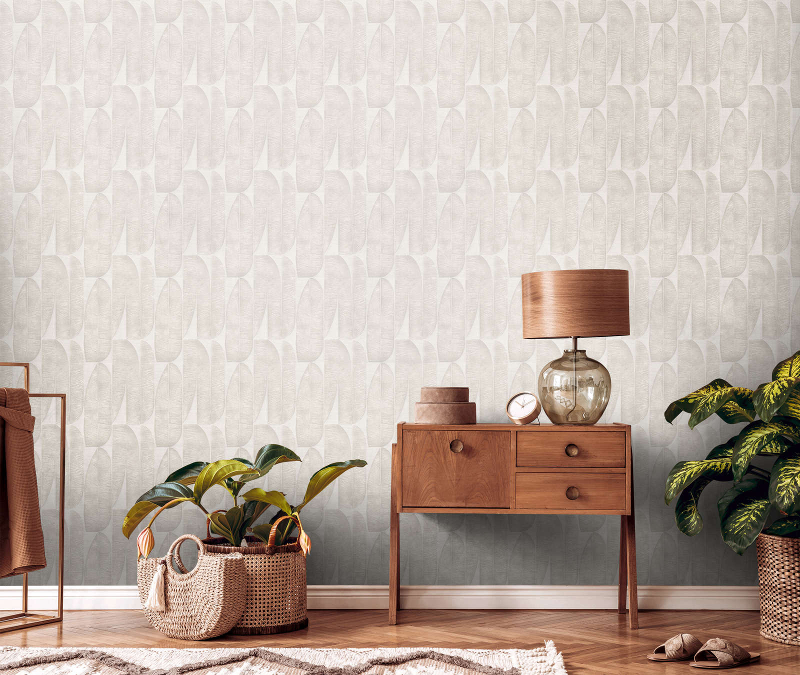 Vliestapete mit geometrischem floralem Muster – Grau, Beige
