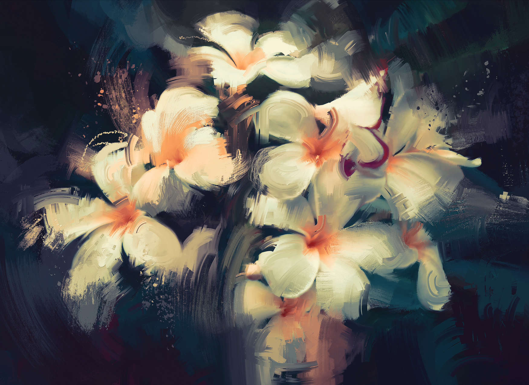             Fototapete Blumenstrauß gemalt mit Wischtechnik – Blau, Gelb
        