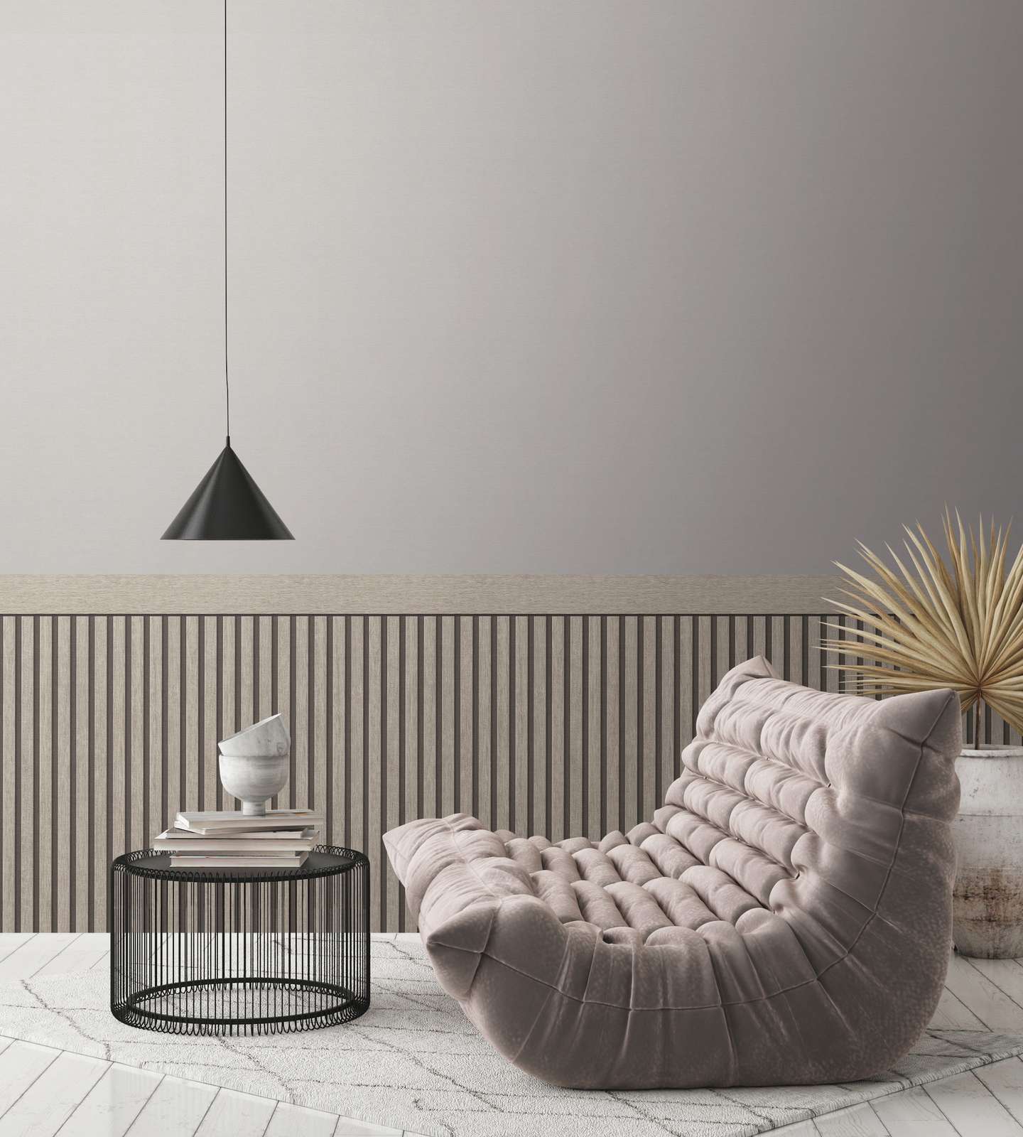             Vlies-Wandpaneel mit realistischen Akustik-Paneel Muster aus Holz – Grau
        