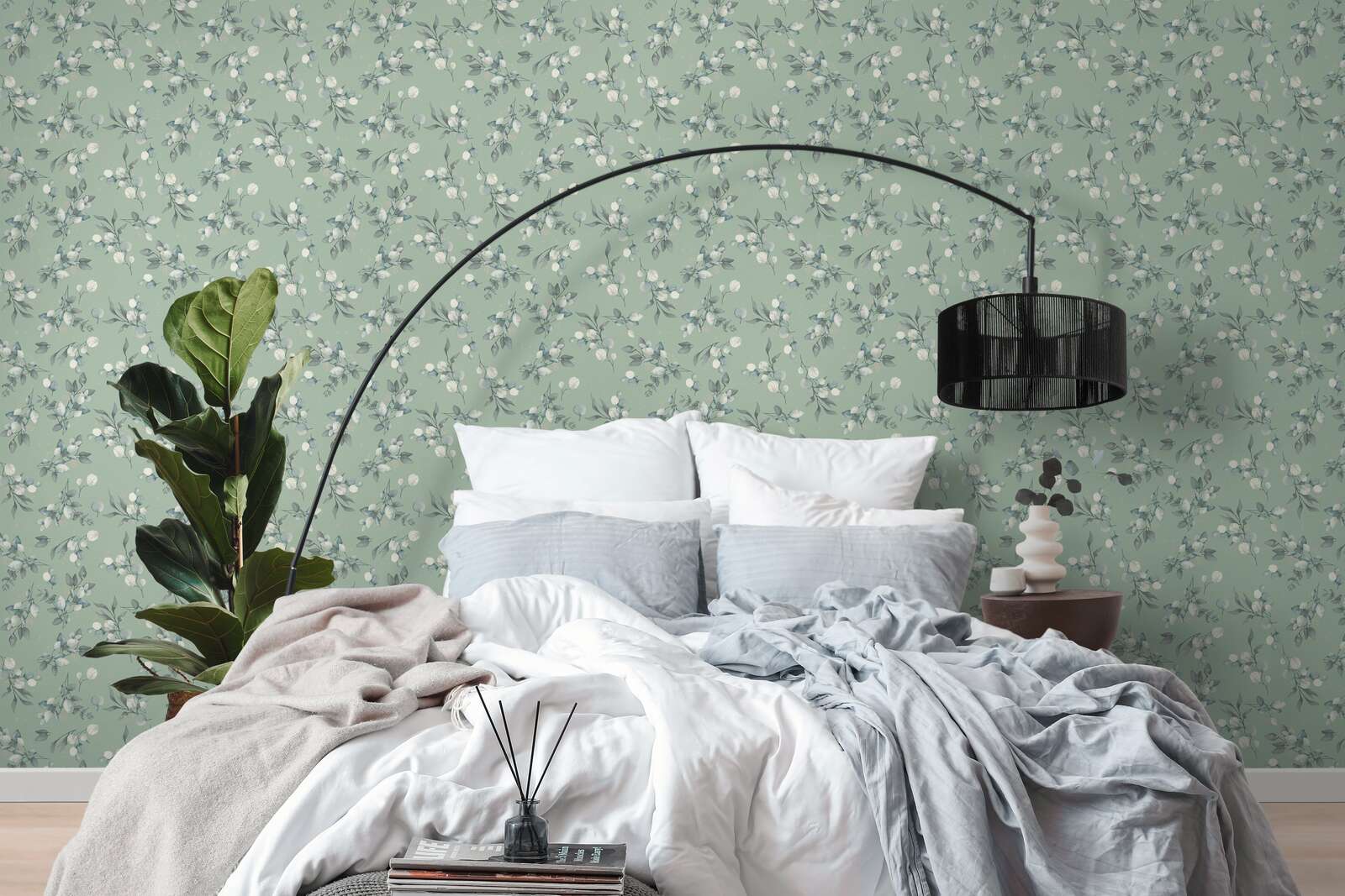 Glad vliesbehang met een elegant bloemendessin - groen, grijs, blauw
