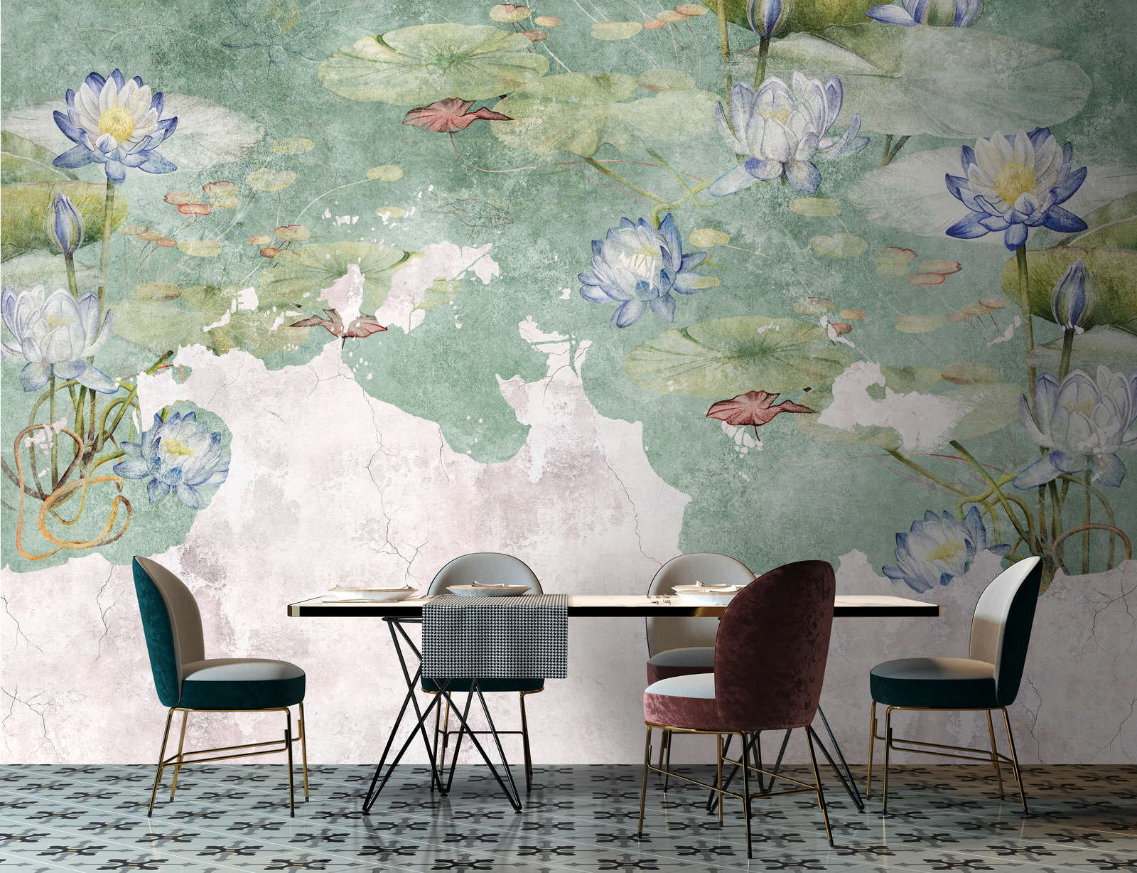             Fototapete »lily« - Wasserlilien auf Vintage-Putzstruktur im Hintergrund – Glattes, leicht glänzendes Premiumvlies
        