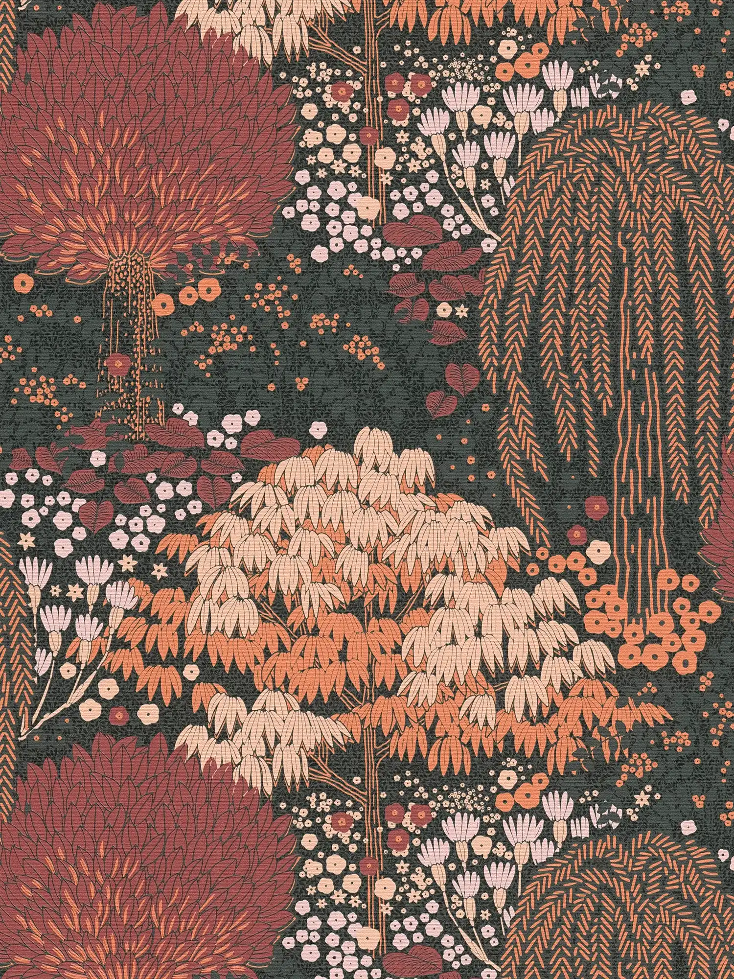             Vliestapete floral mit Blättern leicht strukturiert, matt – Schwarz, Rot, Rosa
        