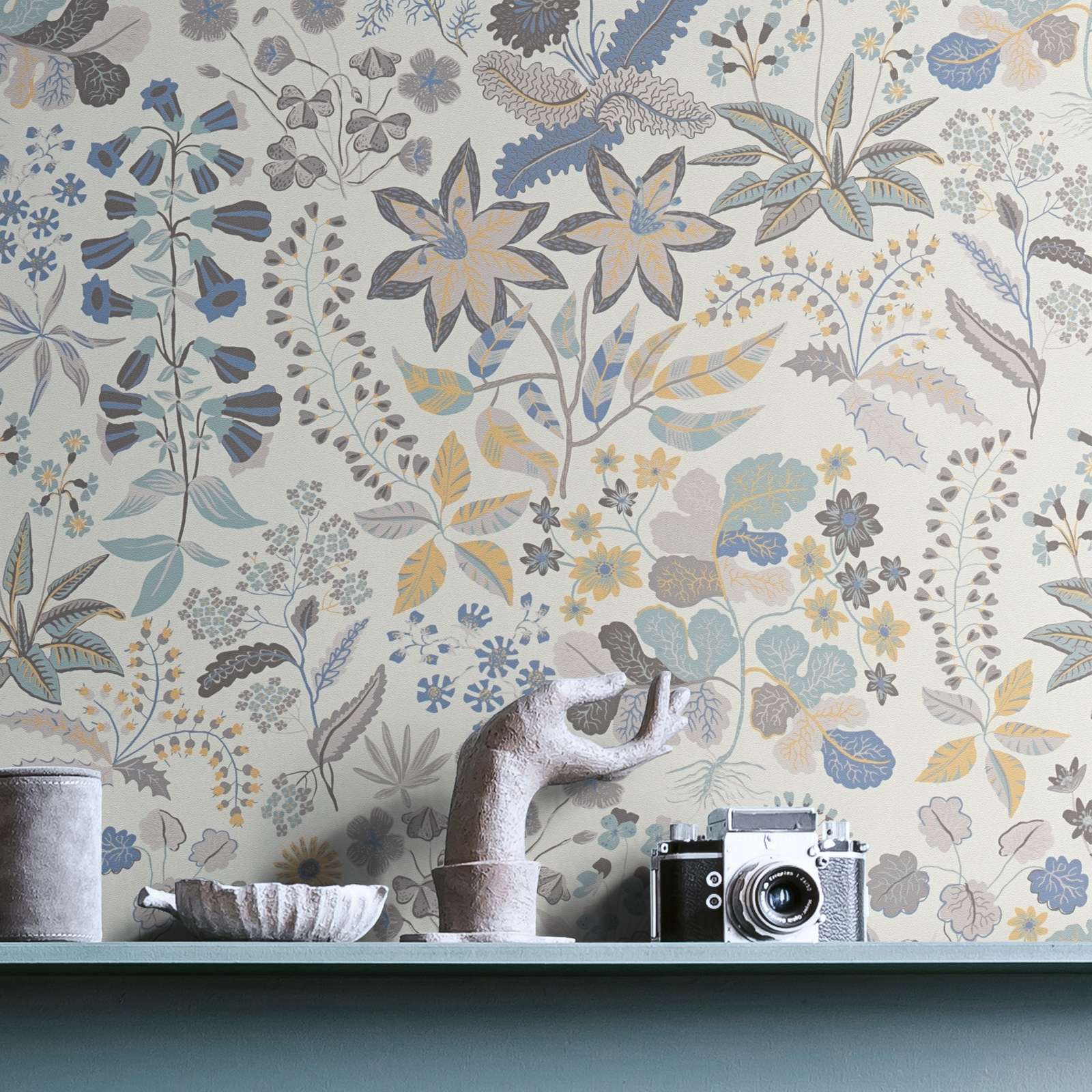             Vliestapete mit detaillierten Blumenmuster - Grau, Blau, Creme
        
