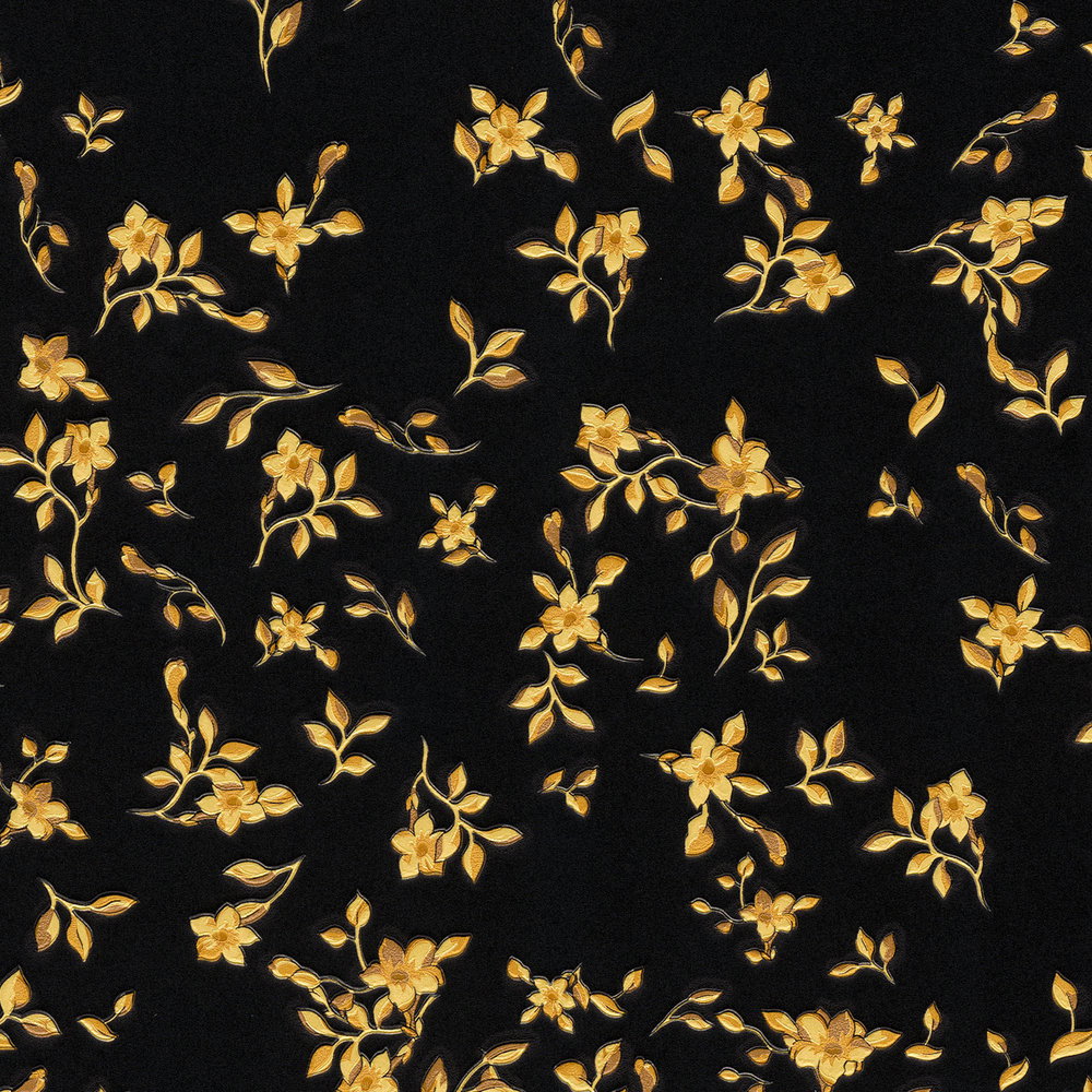             Schwarze VERSACE Tapete im Blümchen Design – Schwarz, Gold
        