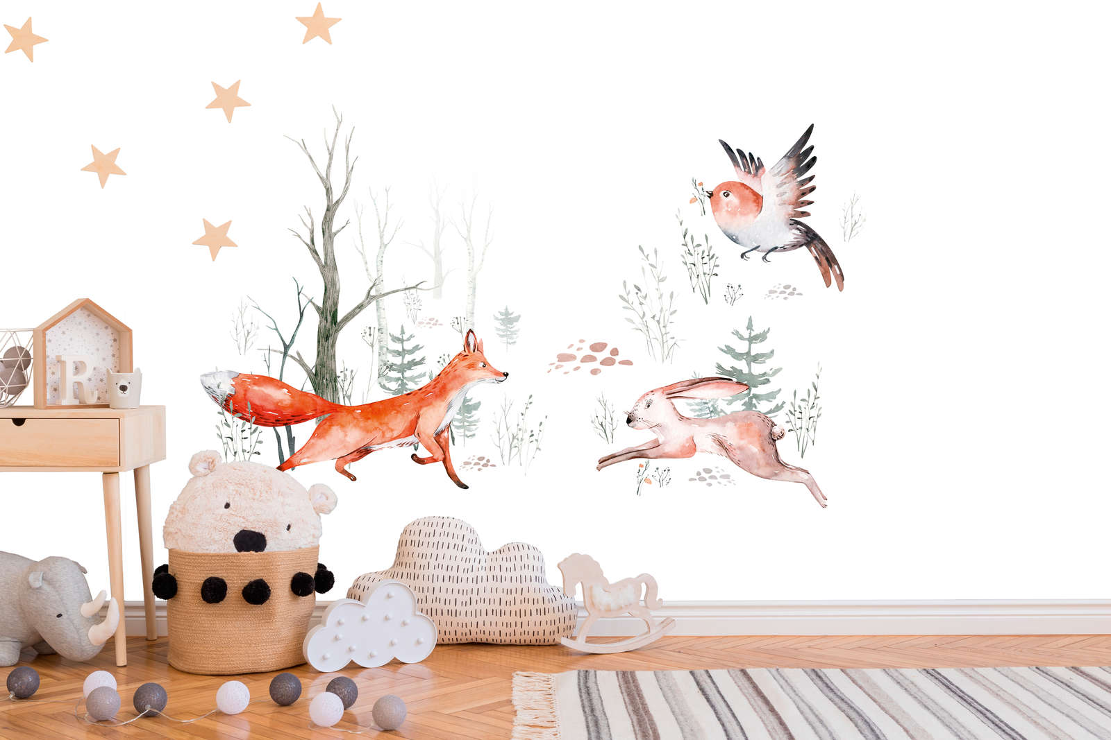 wandbild, waldszene, tierfiguren, gelb-orange, deko wandbild