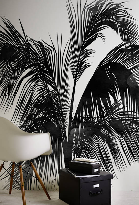  palm leaf wallpaper, wandtapete schwarz-weiß, stuhl weiß, ablage kordel?, aufbewahrungsbox