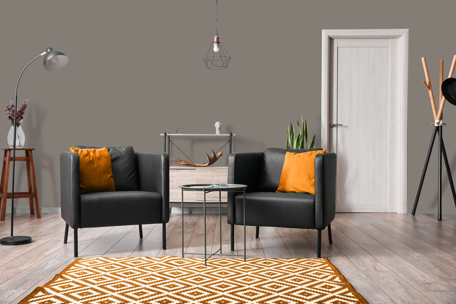 wohnzimmer, schwarz, leder, tisch, orange