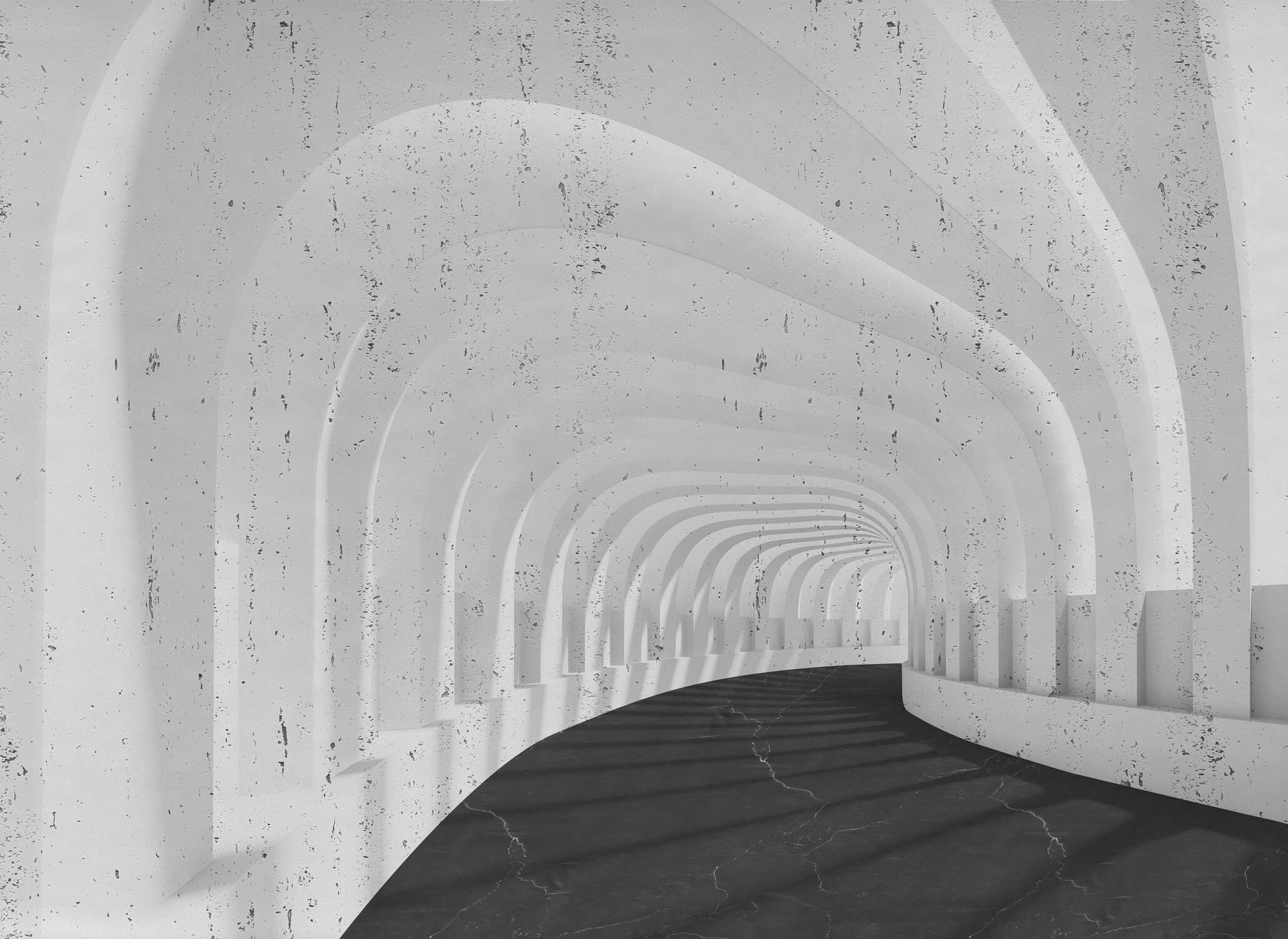 Bogen, Bogen-Tunnel, Beton, weiße Wände, schwarzer Boden