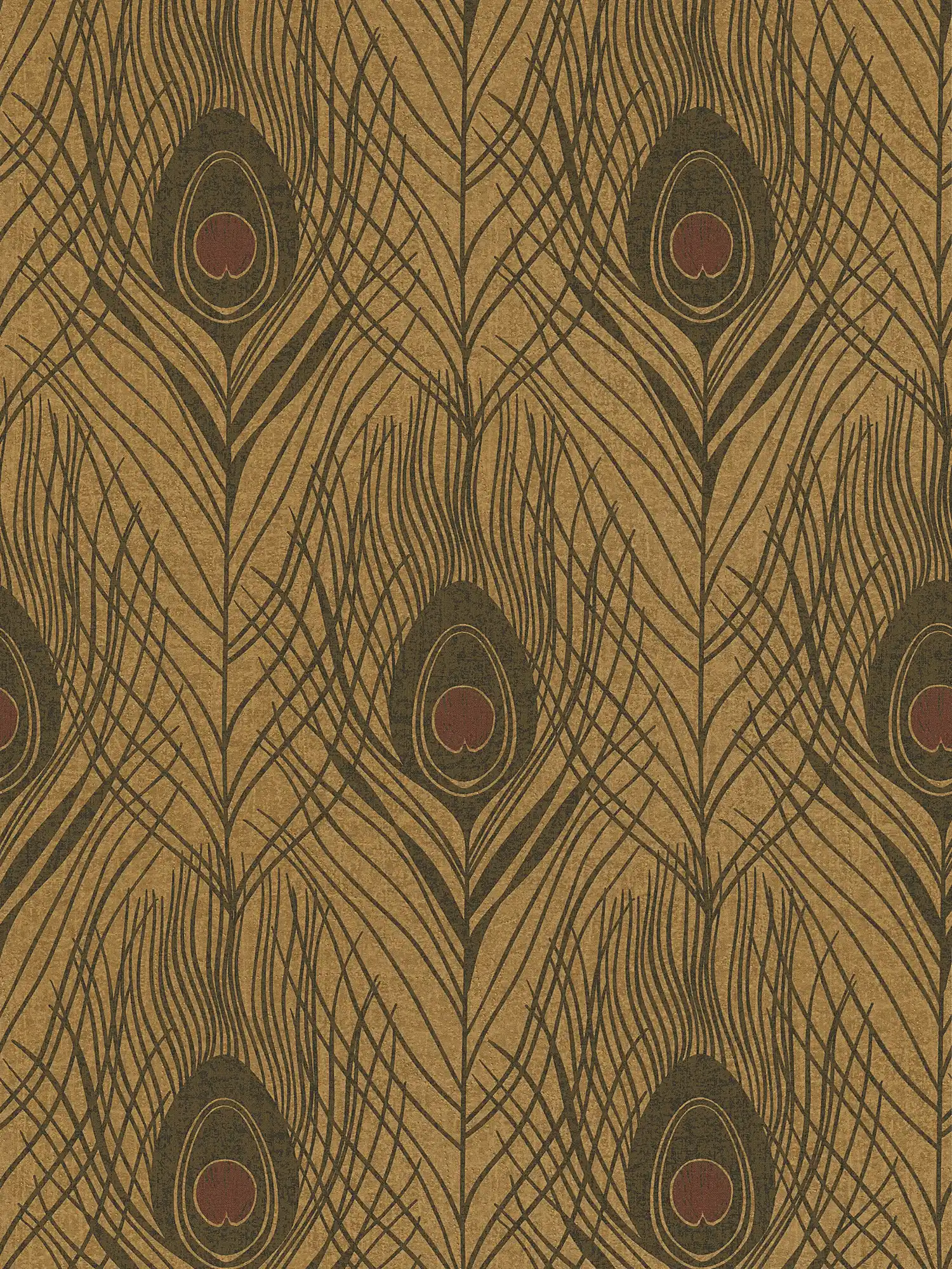         Golden non-woven wallpaper with peacock feathers - black, gold, brown
    
