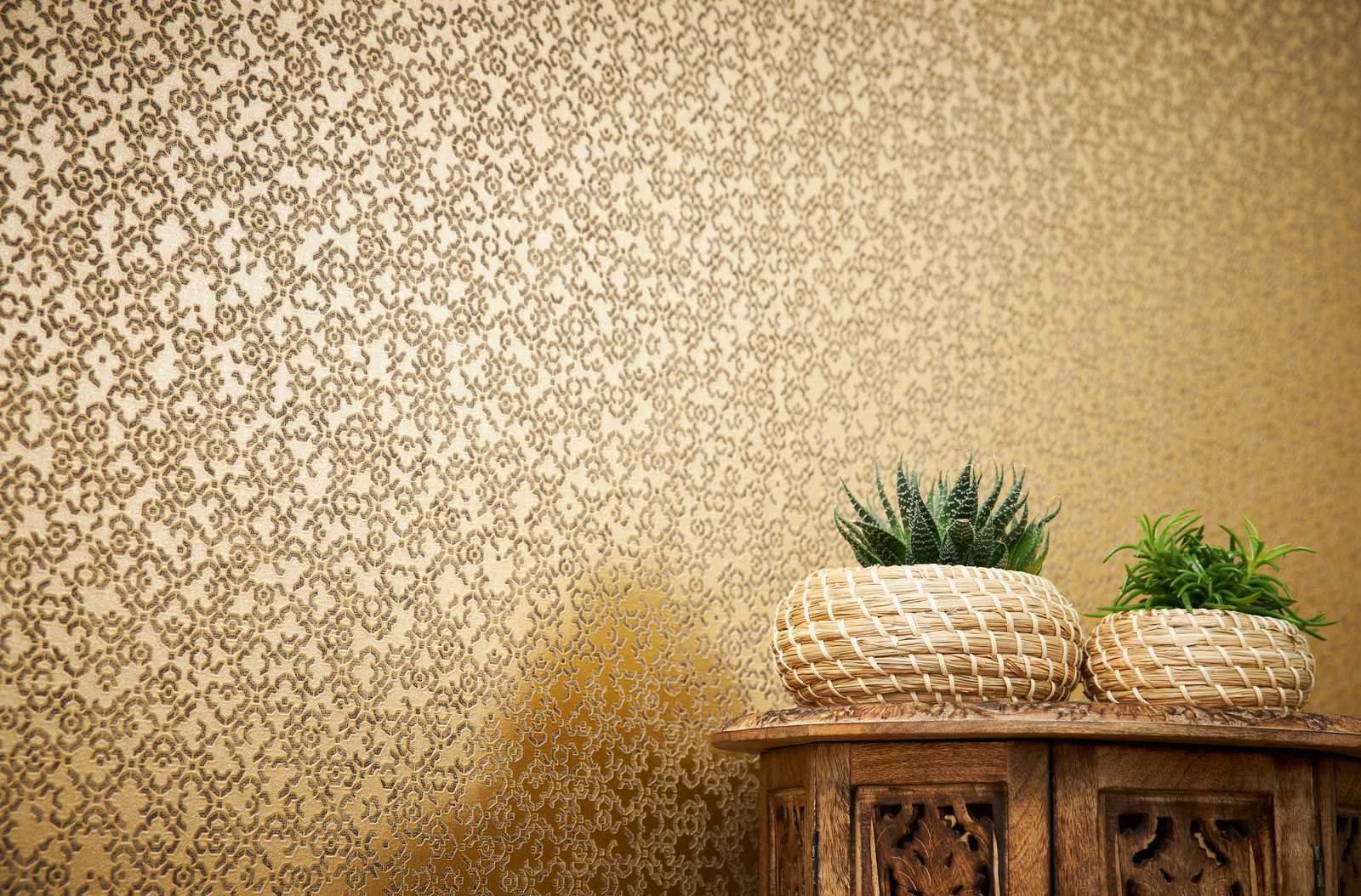             Papier peint doré à motifs avec effet 3D & éclat métallique - marron, jaune, métallique
        