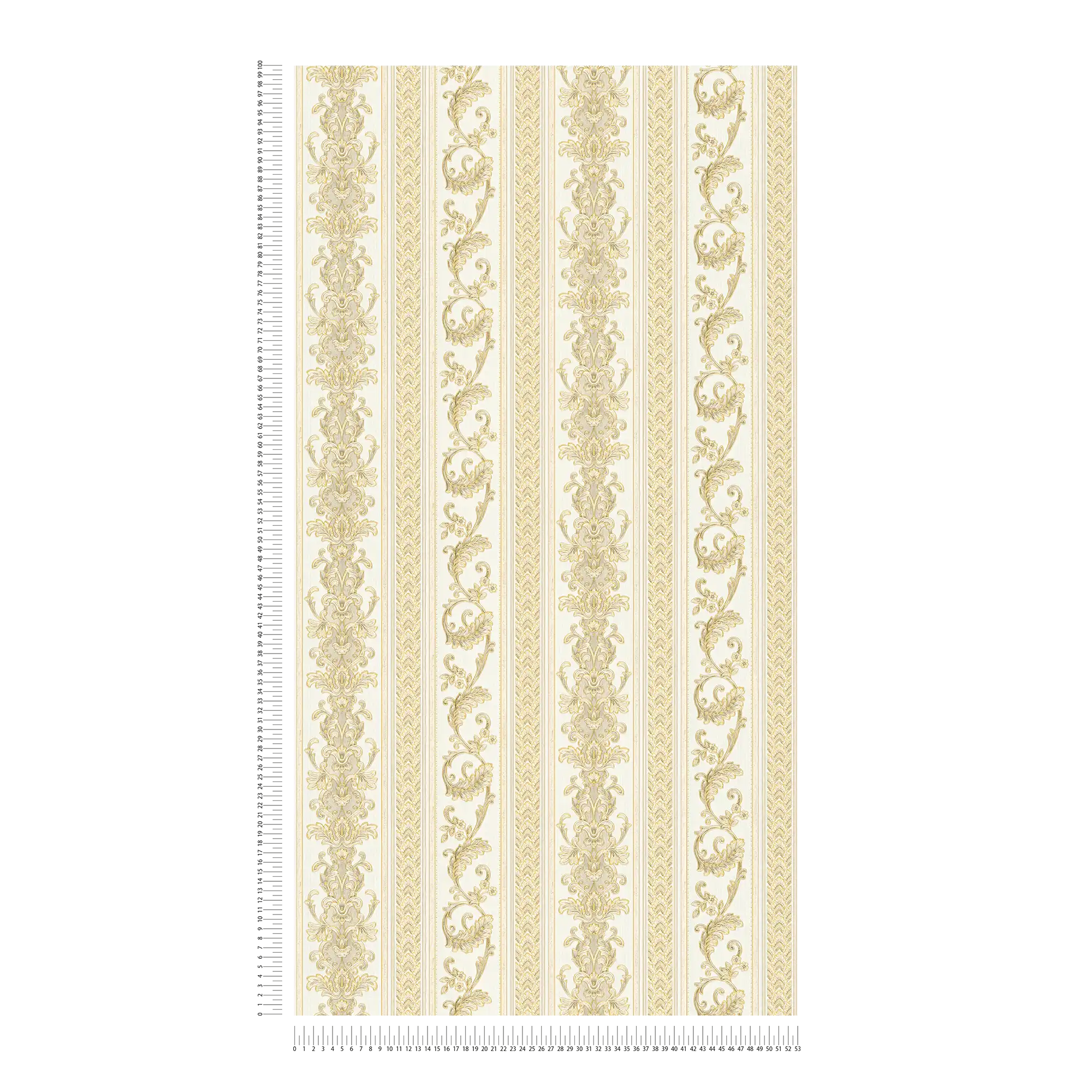 Barocke Streifentapete mit Ornamentmuster – Creme, Gold