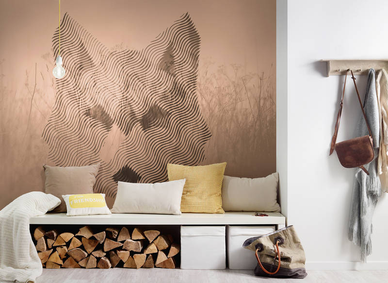            Vos, grafisch patroon & boslandschap behang - bruin, beige, zwart
        
