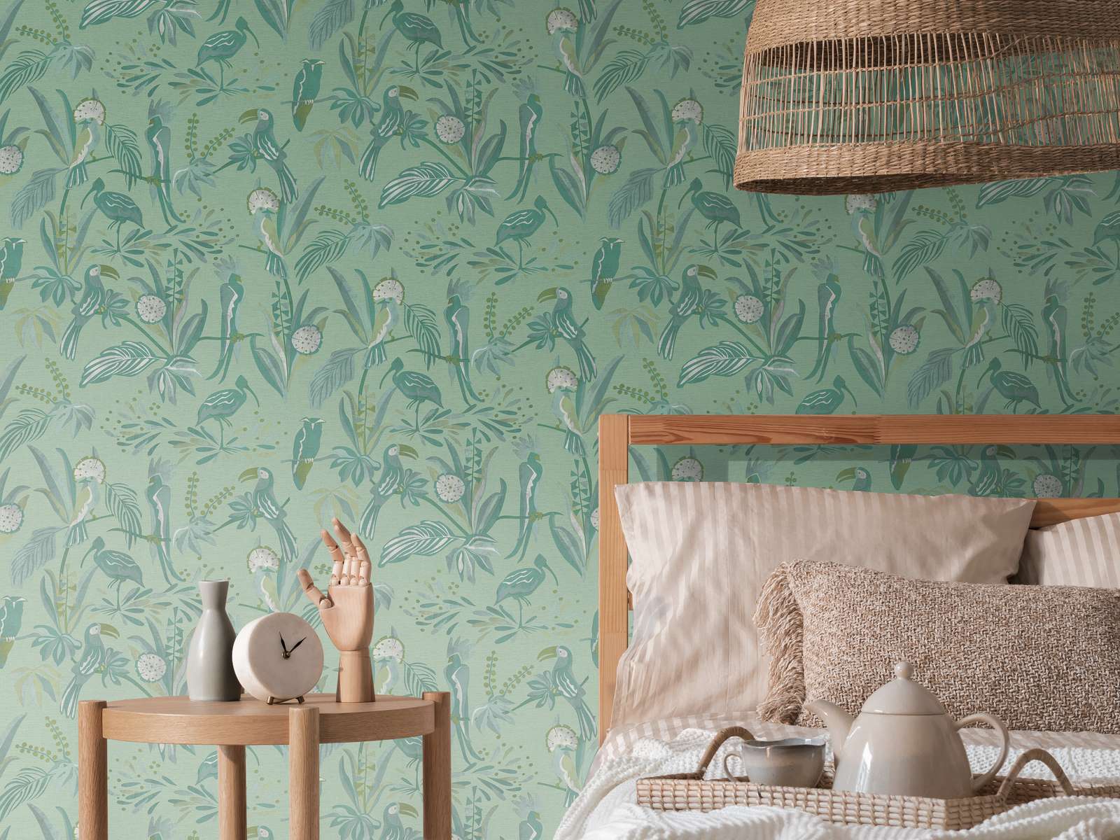            Vliestapete mit Dschungelmotiv Blätter & Vögel – Grün, Grau
        