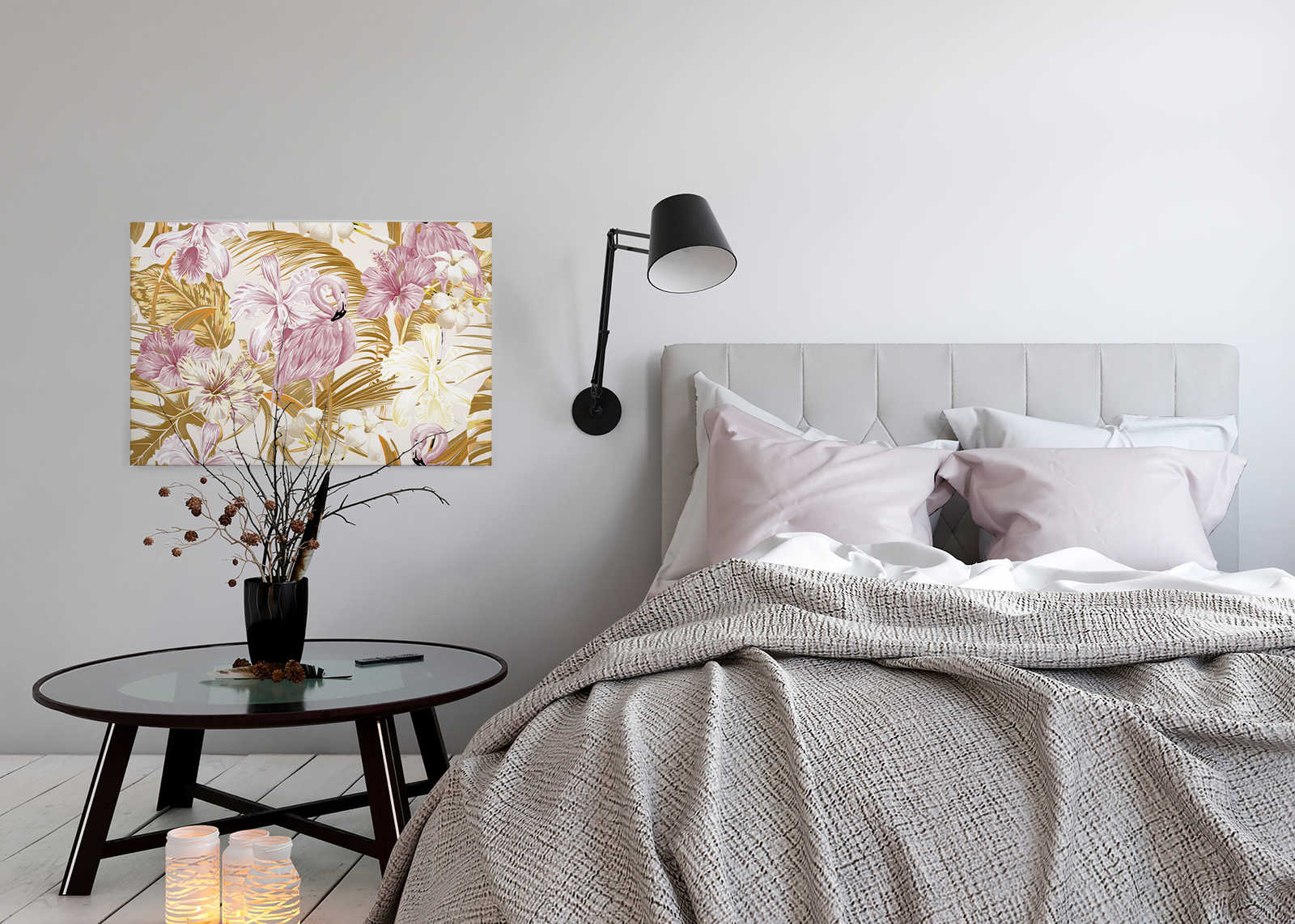             Leinwand Flamingo und tropischen Pflanzen – 0,90 m x 0,60 m
        