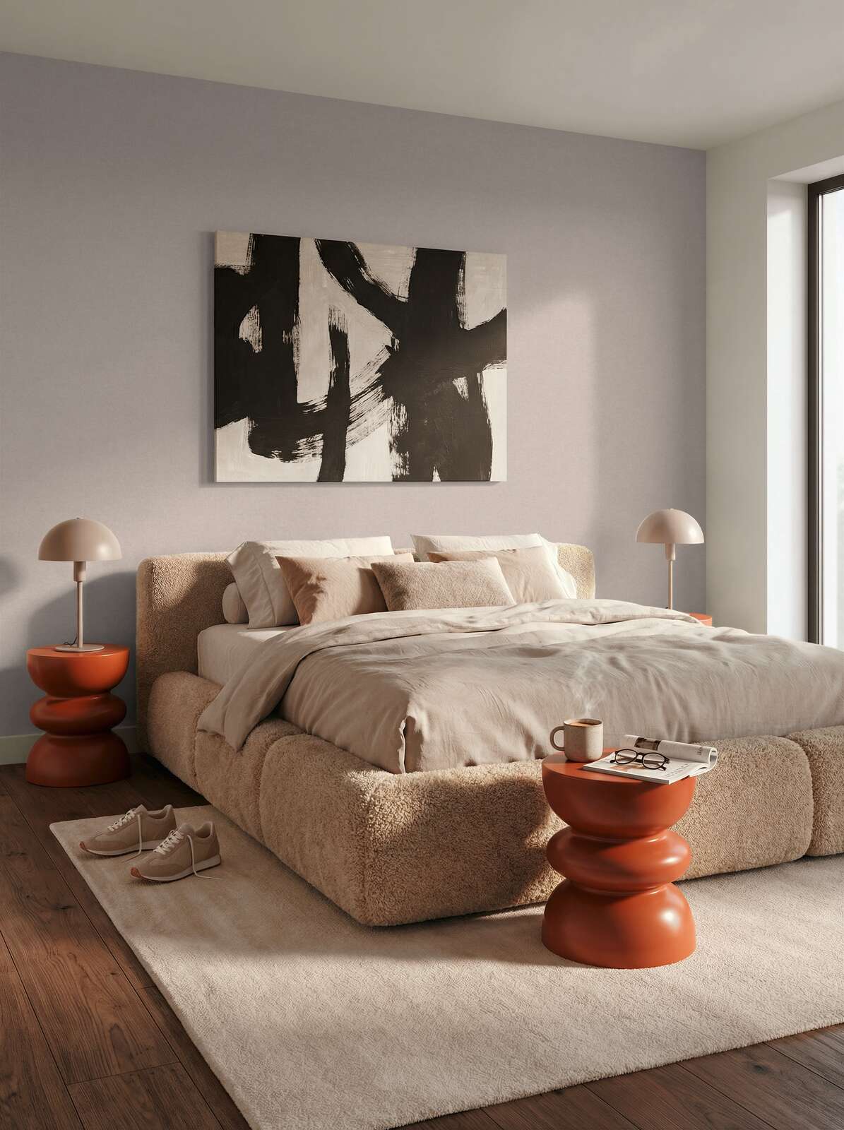 Bett, Schlafzimmer, Decke, Teppich, Kunstwerk