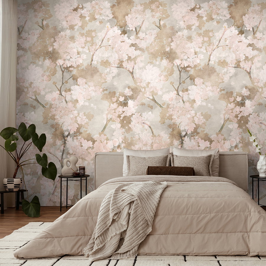 Wandtapete, Blumendesign, Rustikale Farben, Schlafzimmerdekoration, Kunsttapete