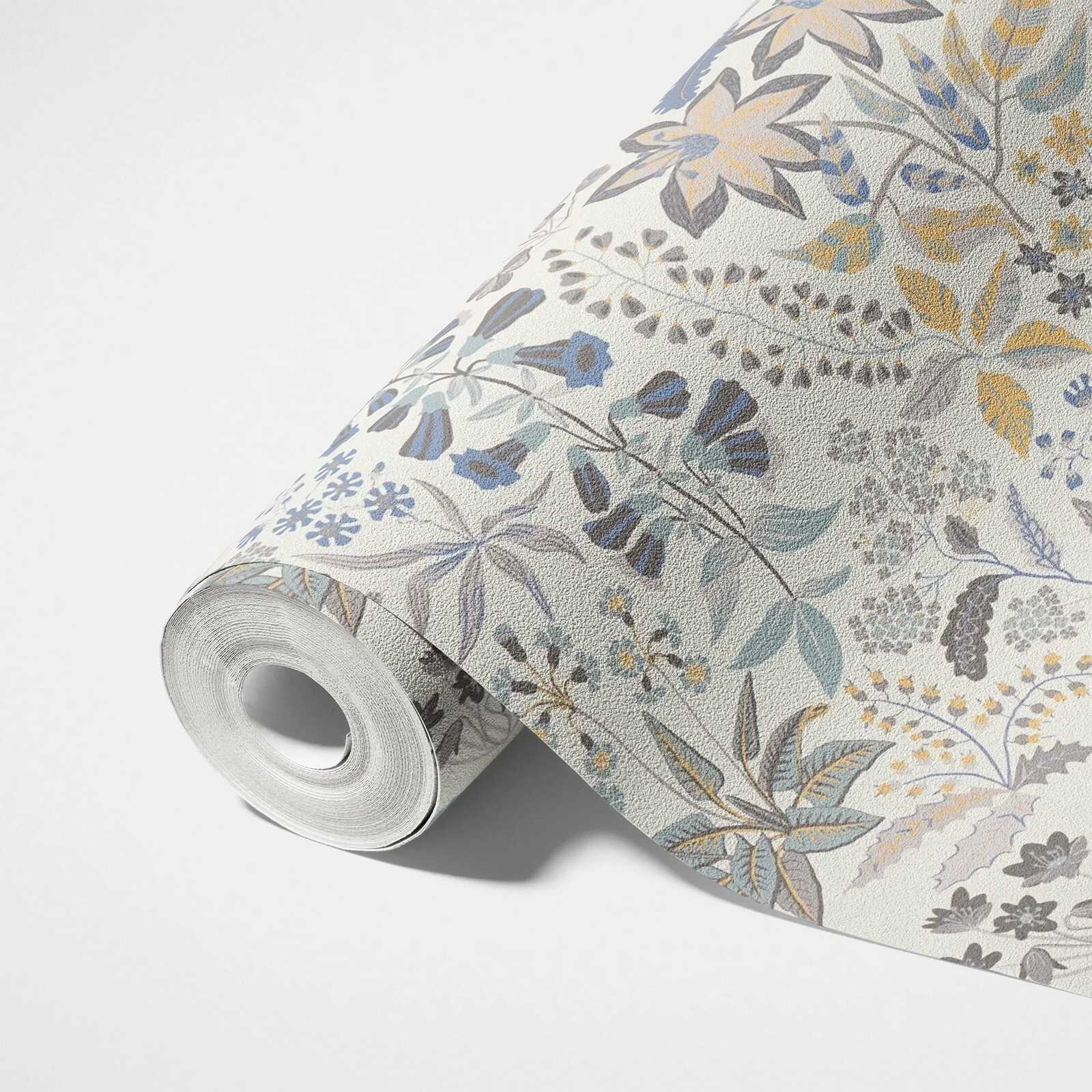             Vliestapete mit detaillierten Blumenmuster - Grau, Blau, Creme
        