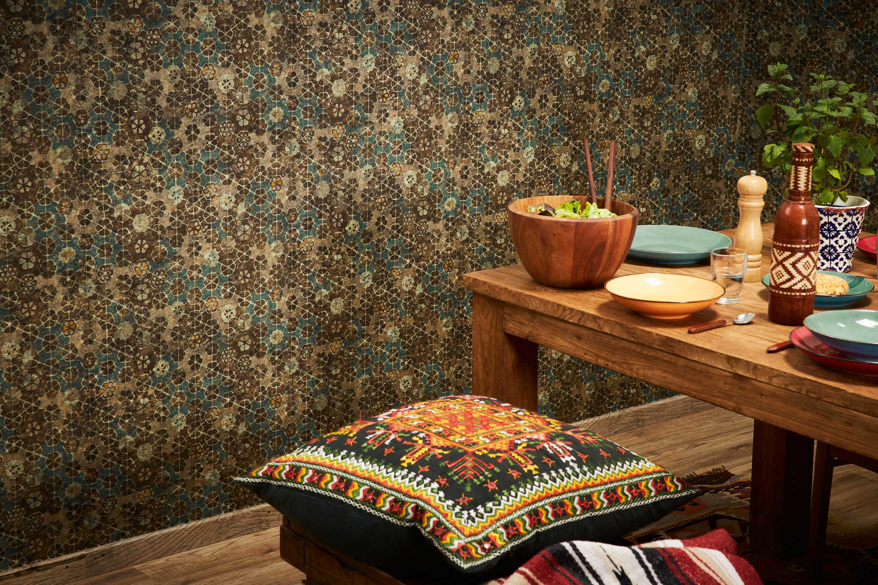             Vliesbehang tegellook met goudglans - bruin, groen
        