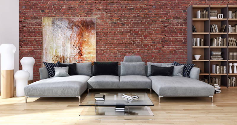 Wohnzimmer, Sofa, Ecksofa, Grauer Stoff, Holzboden