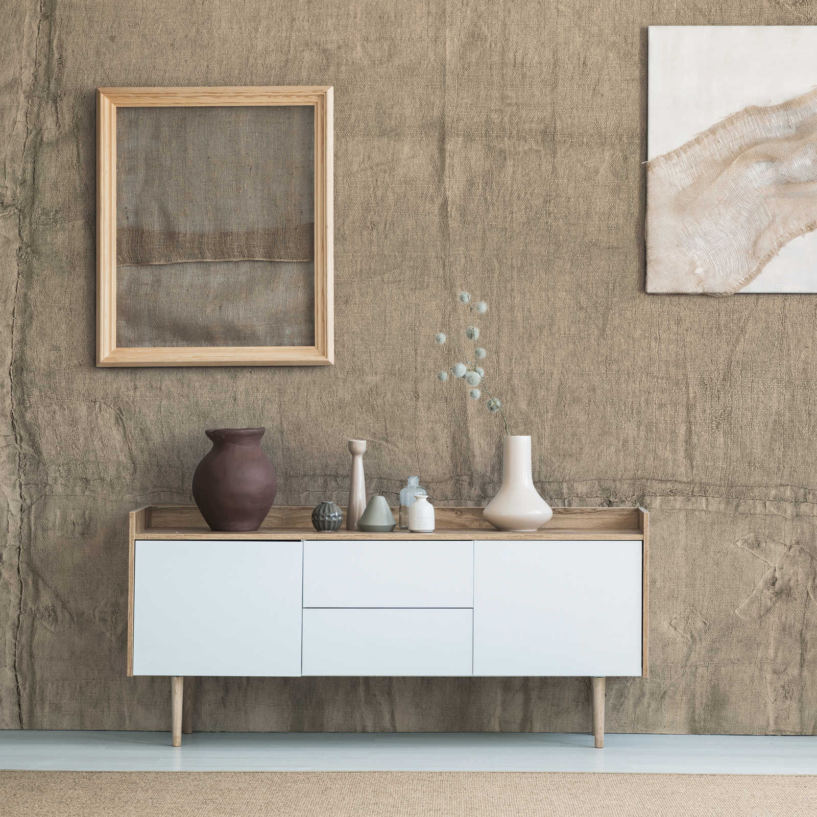 Sideboard, Konsoletisch, weiße Schubladen, Holzellkast, Dekorvasen