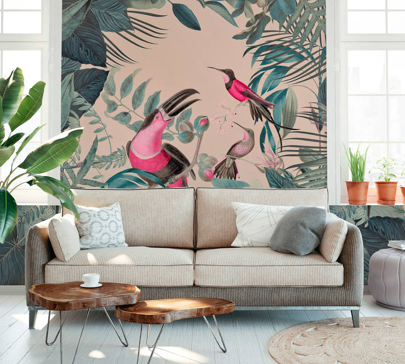 wandtapete, dschungelmotiv, flamingos, tropisches mural, wohnzimmerwand