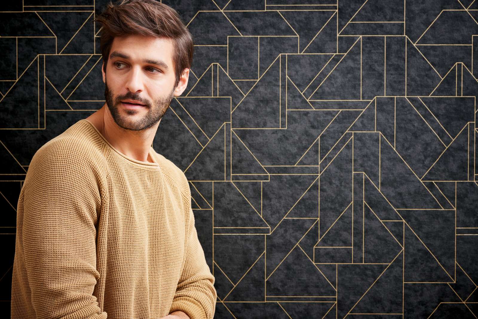             Vliestapete mit dezentem Linienmuster – Schwarz, Gold
        